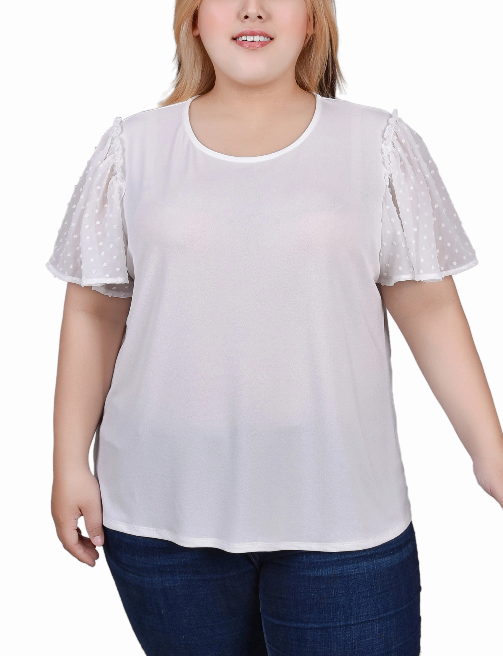 Plus Size Clip Dot Flutter Sleeve Top Flatlock stitching