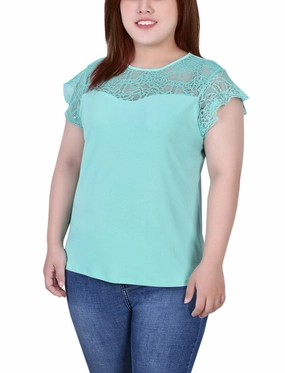 Tailored Seams Plus Size Crepe Knit Top With Lace Flanged Sleeve and Yoke