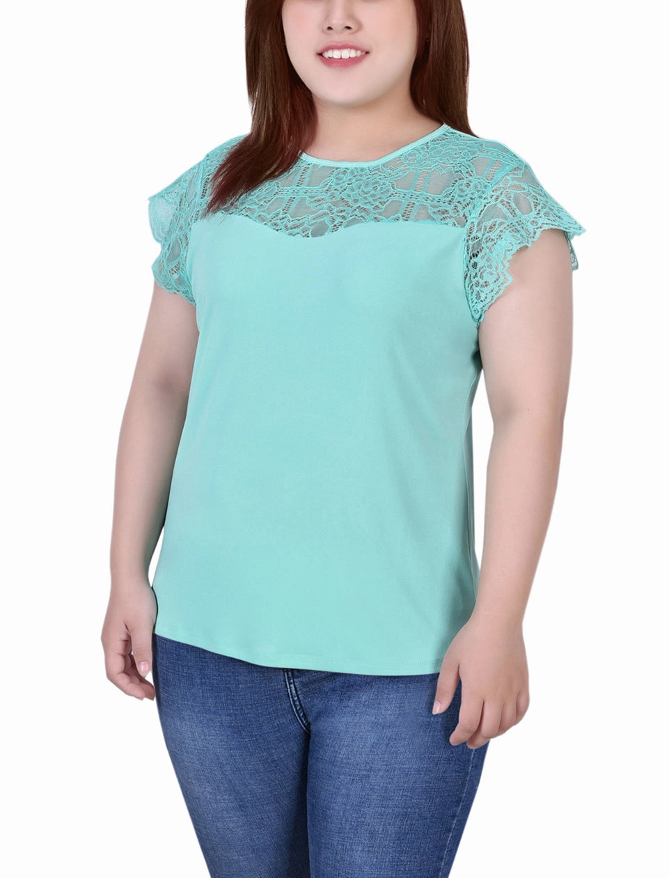 Airflow Optimized Weave BoxySilhouette Plus Size Crepe Knit Top With Lace Flanged Sleeve and Yoke