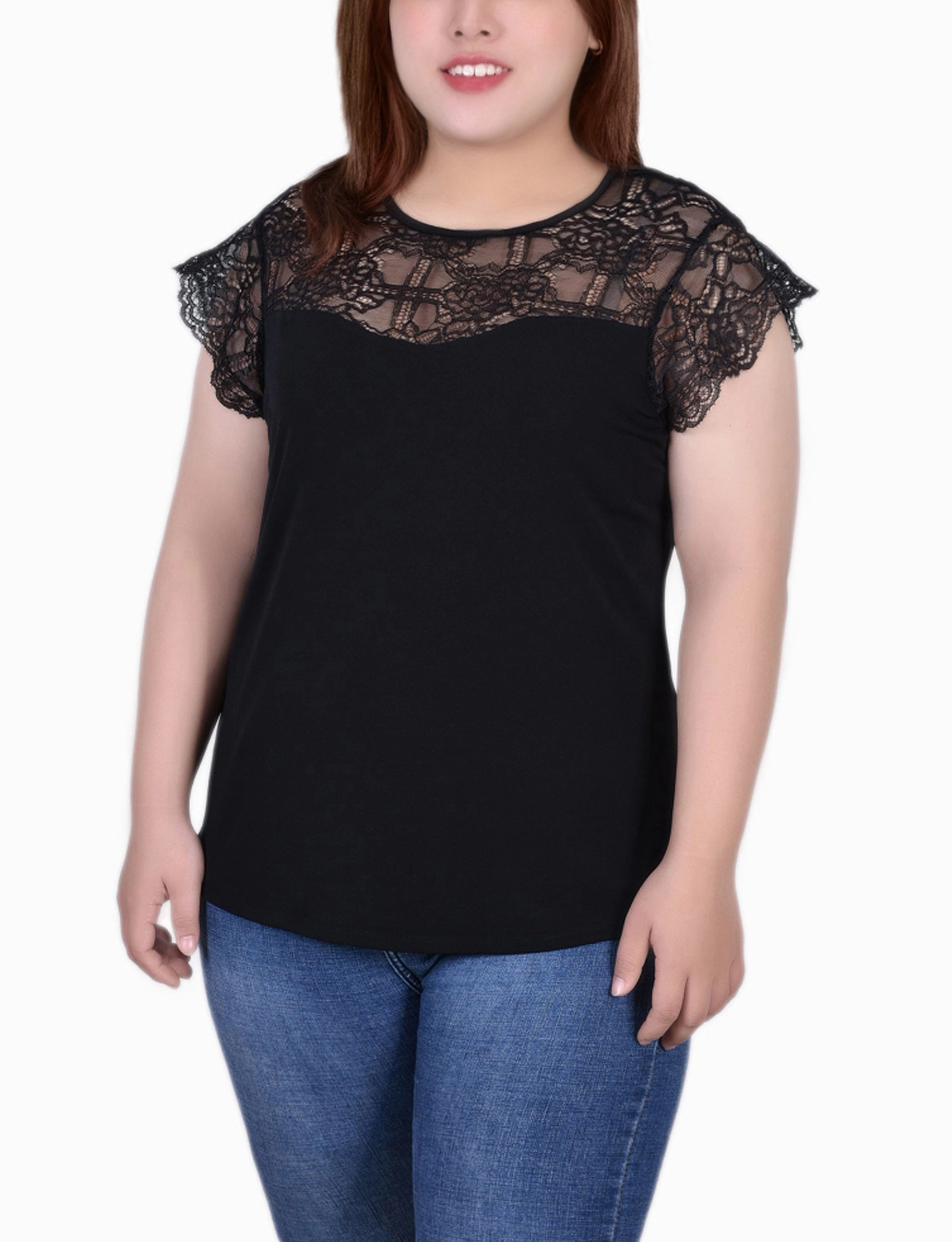 Fashionable Shirt Circular Knit Technology Plus Size Crepe Knit Top With Lace Flanged Sleeve and Yoke