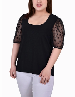 Multi Panel Cut Plus Size Elbow Sleeve Crepe Top With Mesh Dotted Sleeves