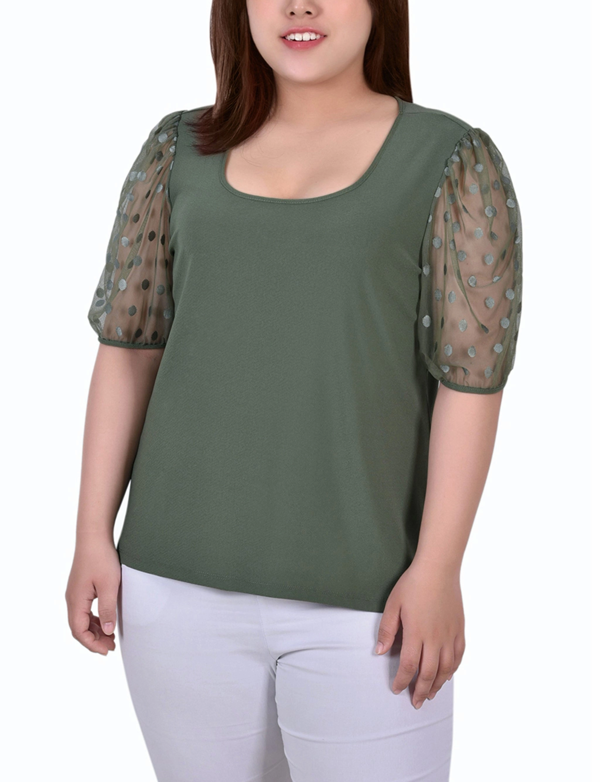 Durable Blend Variable Tension Adjustment Plus Size Elbow Sleeve Crepe Top With Mesh Dotted Sleeves
