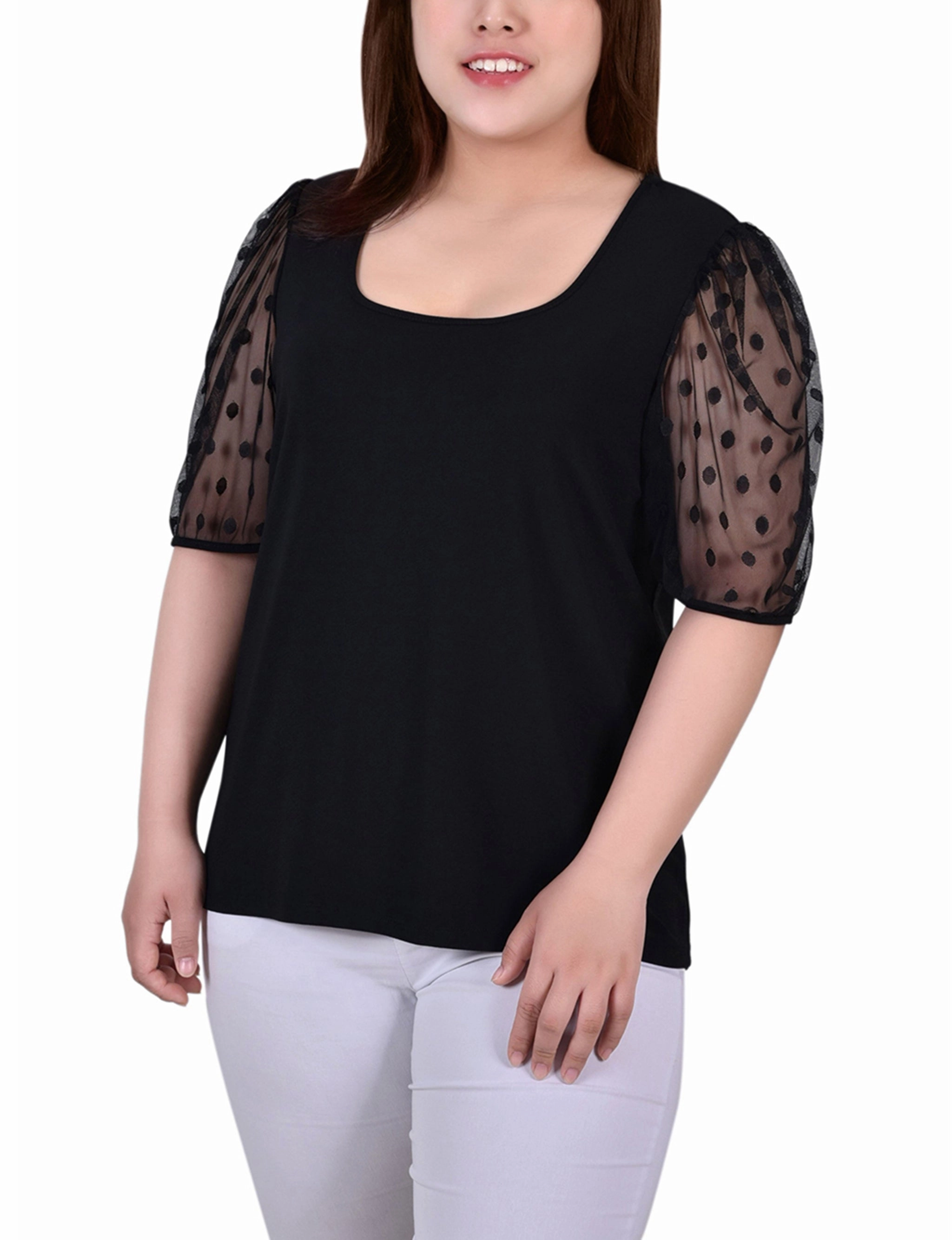 VNeck Style DurableStitching Plus Size Elbow Sleeve Crepe Top With Mesh Dotted Sleeves