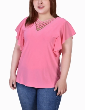 Plus Size Flutter Sleeve Top With Criss Cross Strips Anti Pilling