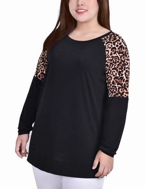 Plus Size Long Raglan Sleeve Top With Animal Print Insets UVProtection Coating Double Stitched Hem