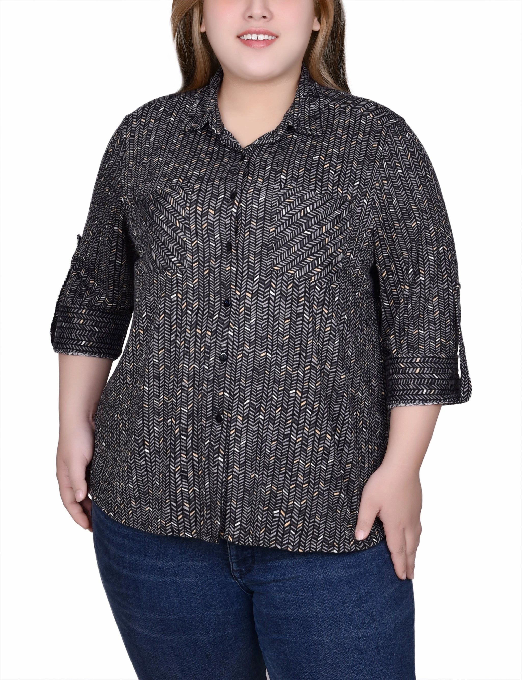 Plus Size Long Sleeve Button Front Tunic Top Durable Blend LowProfileSeams