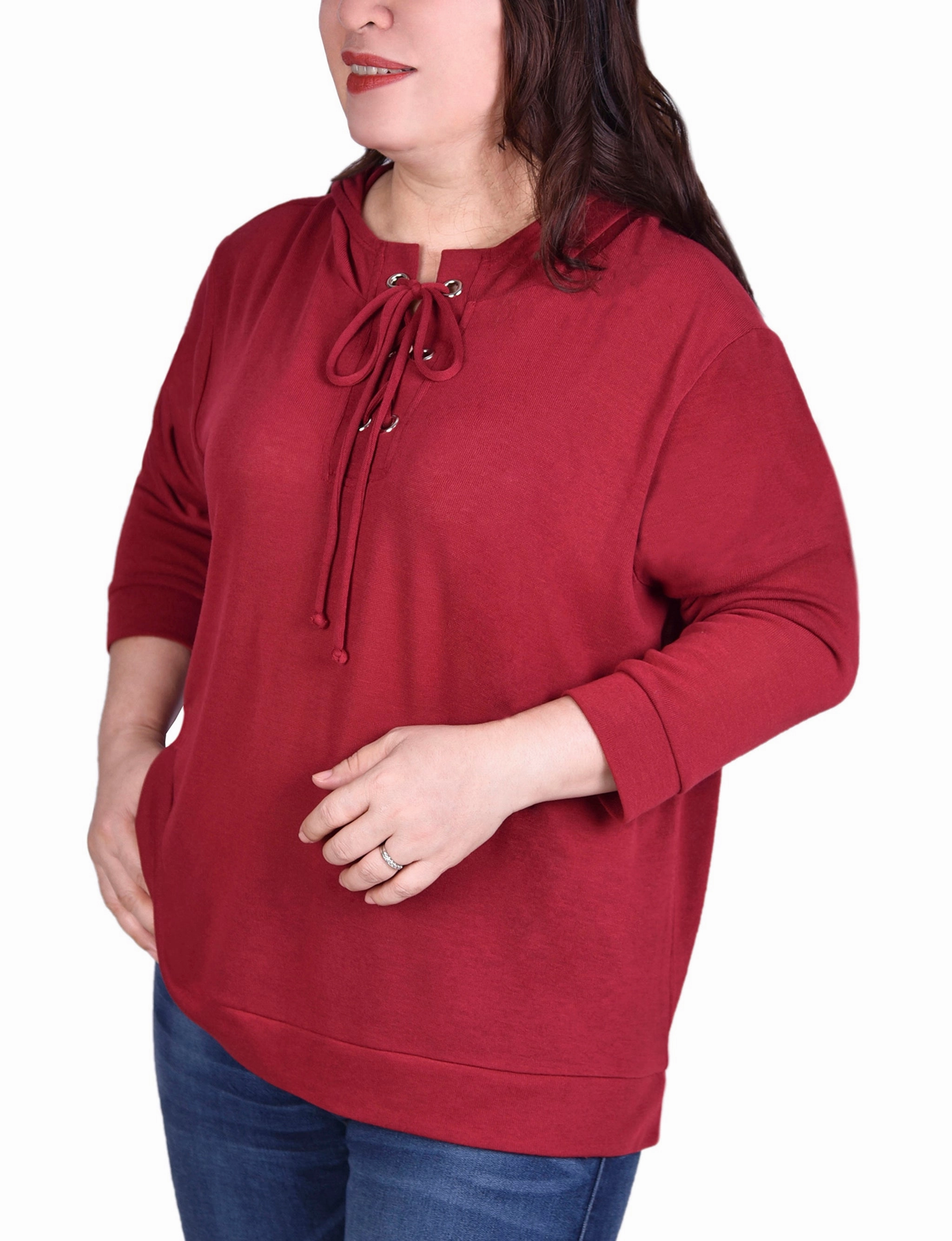 Plus Size Long Sleeve Hoodie Top With Laced Yoke Relaxed Fit Shirt