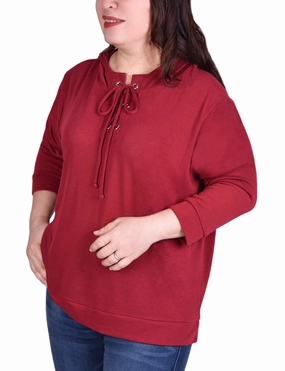 Weighted Hem Design Plus Size Long Sleeve Hoodie Top With Laced Yoke