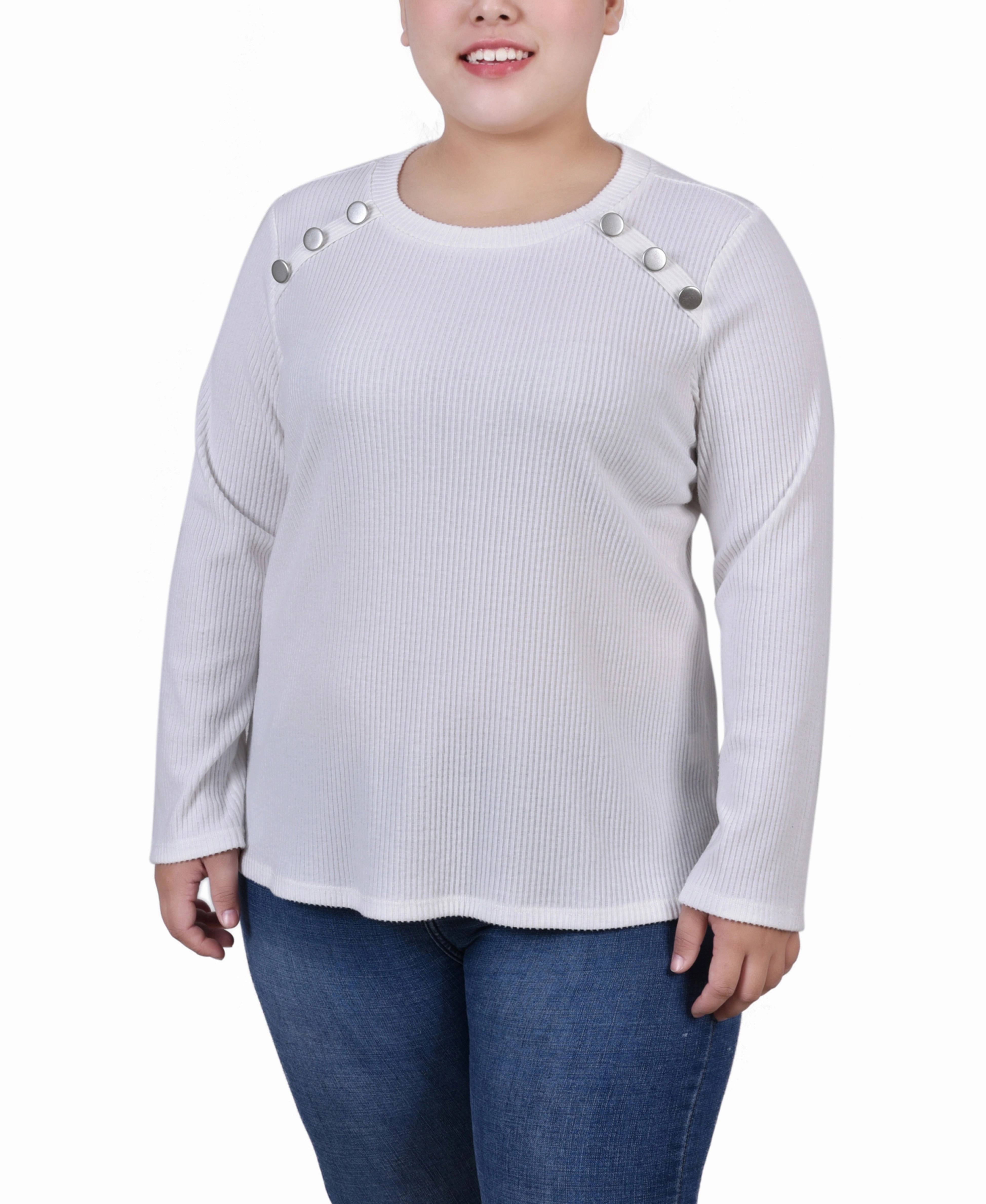 FlatlockStitching Plus Size Long Sleeve Ribbed Button Detail Top
