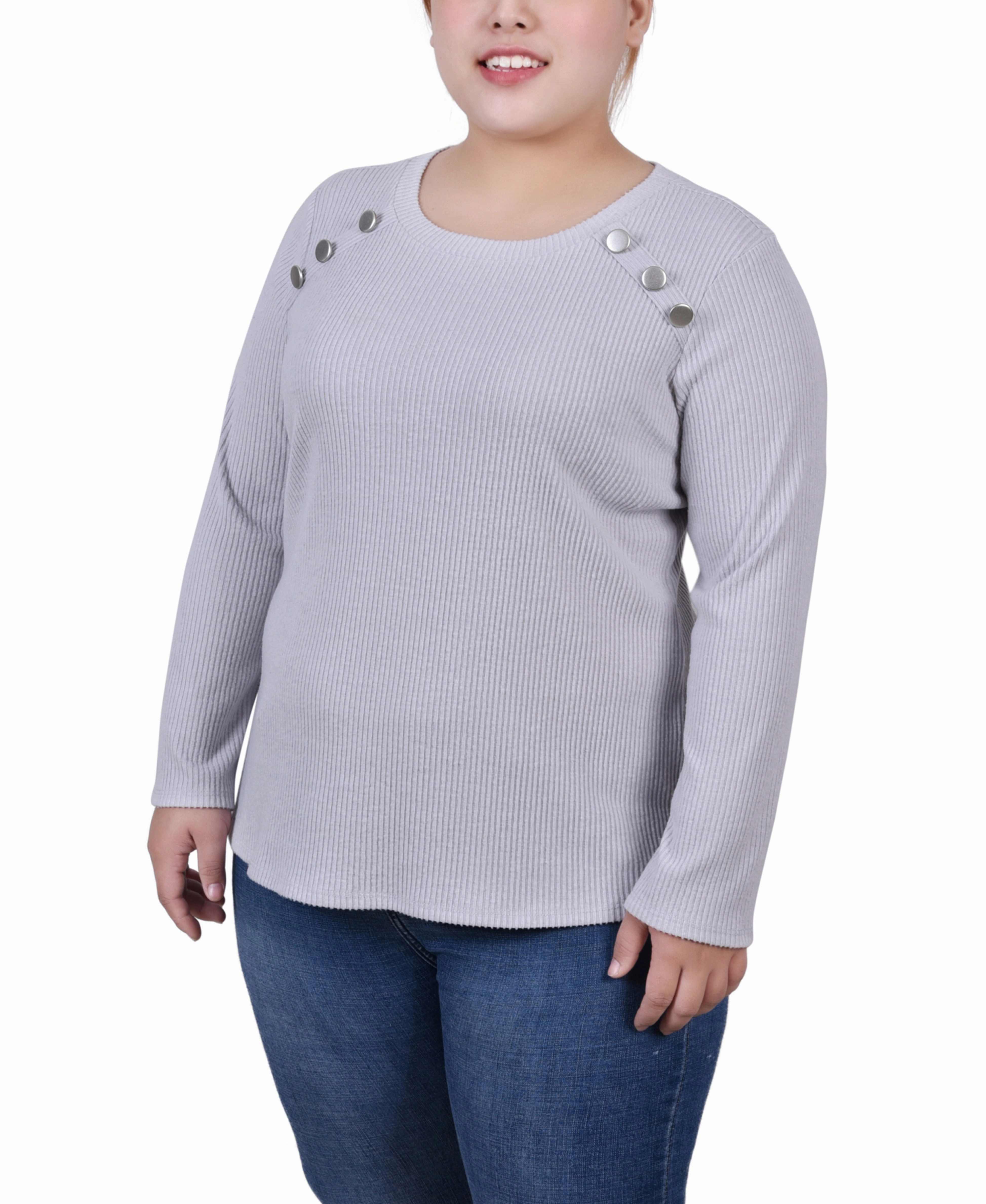 Microfiber Material Plus Size Long Sleeve Ribbed Button Detail Top