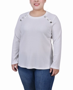 Plus Size Long Sleeve Ribbed Button Detail Top Anti Slip Shoulder Padding Garment Washed Softness