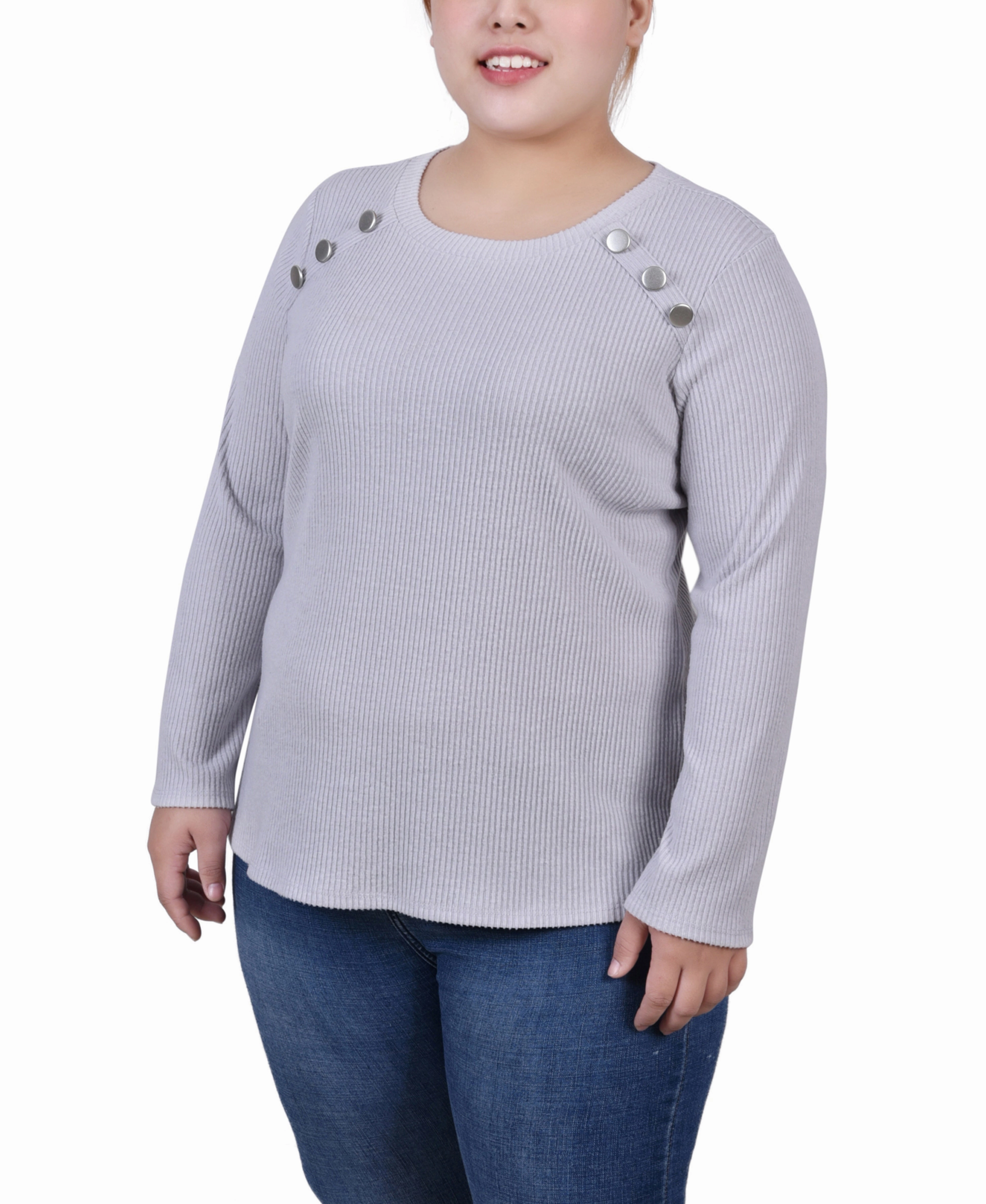 BoxyCrop Trendy Look Plus Size Long Sleeve Ribbed Button Detail Top