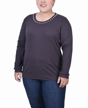 Plus Size Long Sleeve Ribbed Pearl Trimmed Top Versatile Layering Piece Bonded Seam Construction