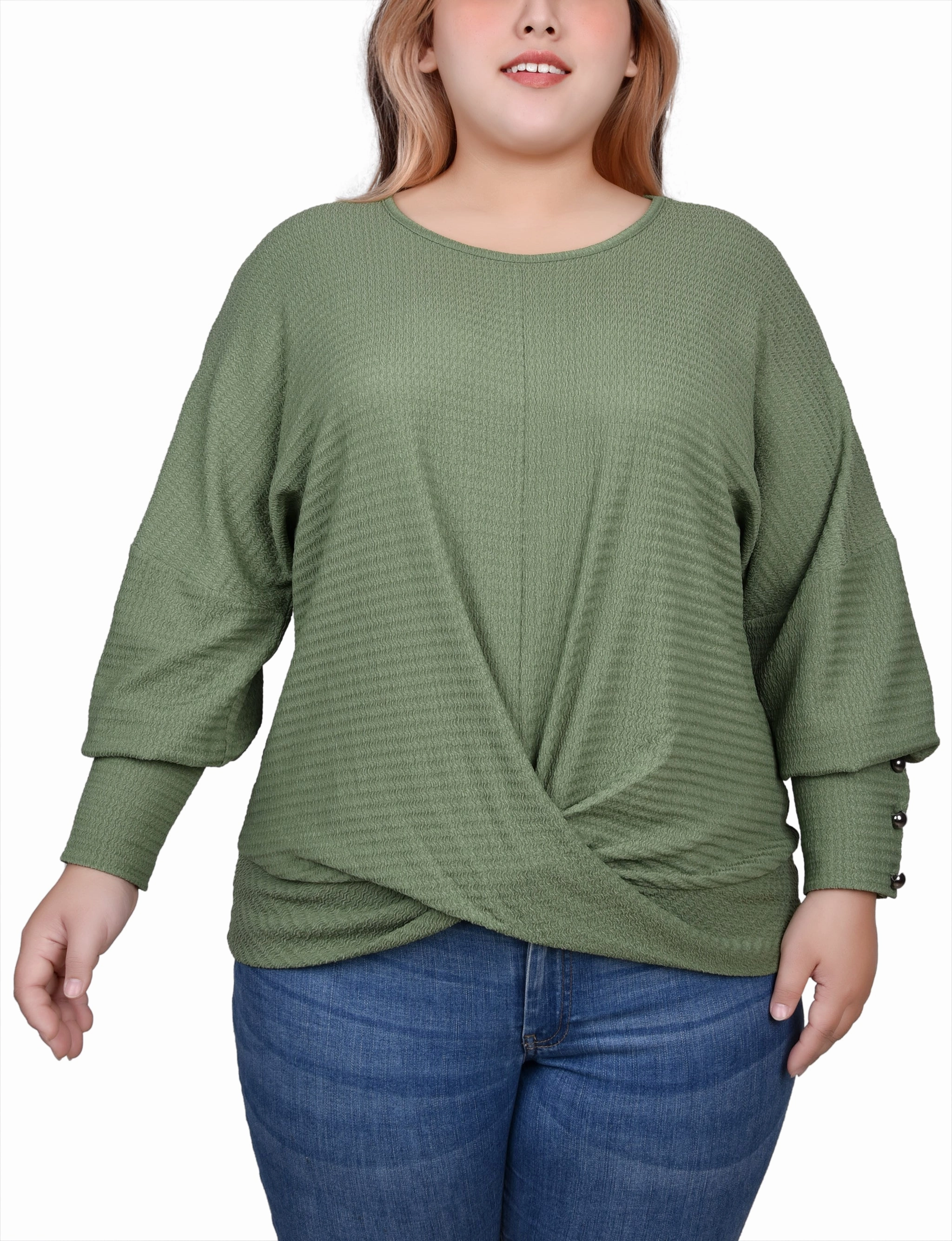 Durable Double Stitching Plus Size Long Sleeve Textured Knit Top