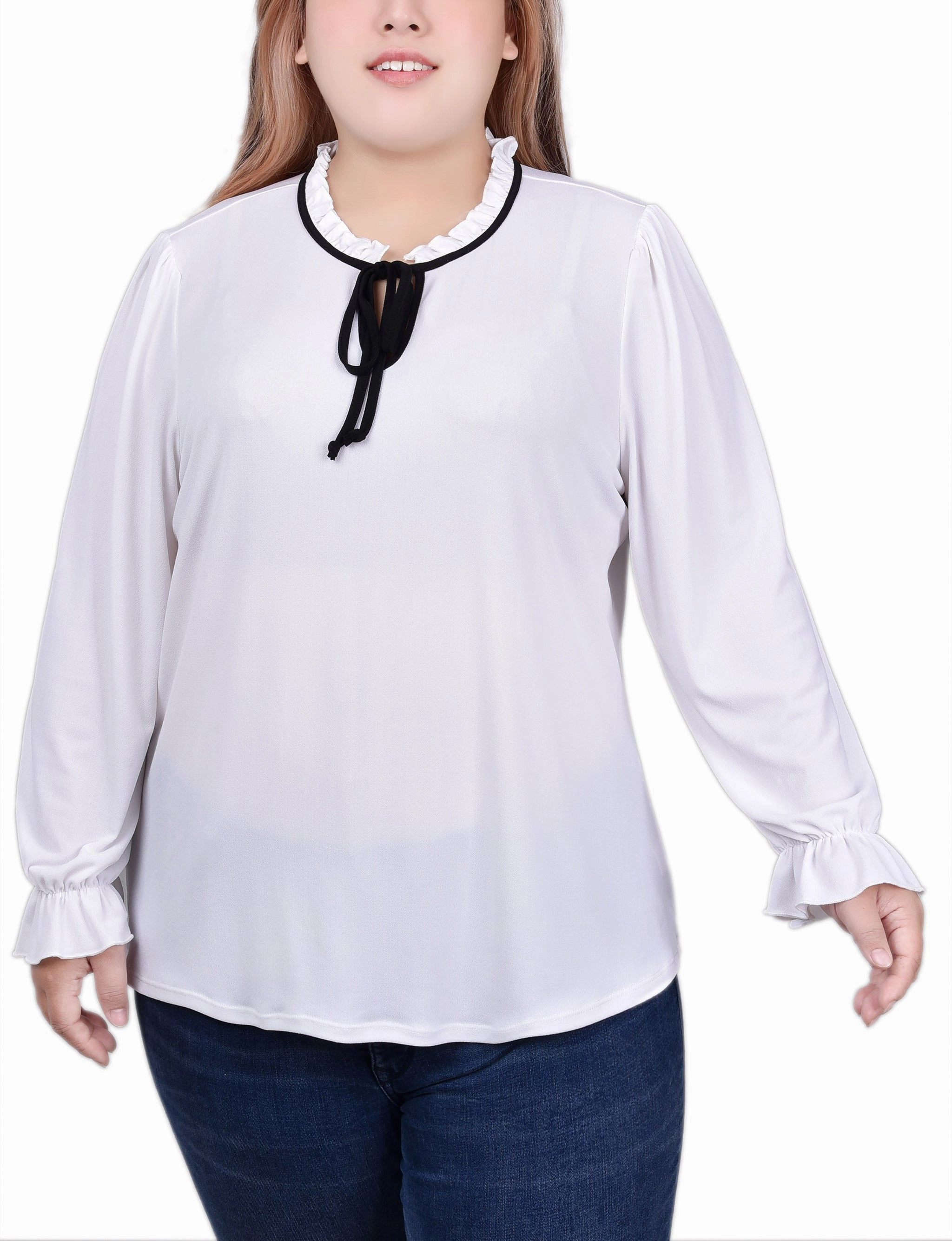 Comfy Layer Anti Pill Finish Plus Size Long Sleeve Tie Neck Top