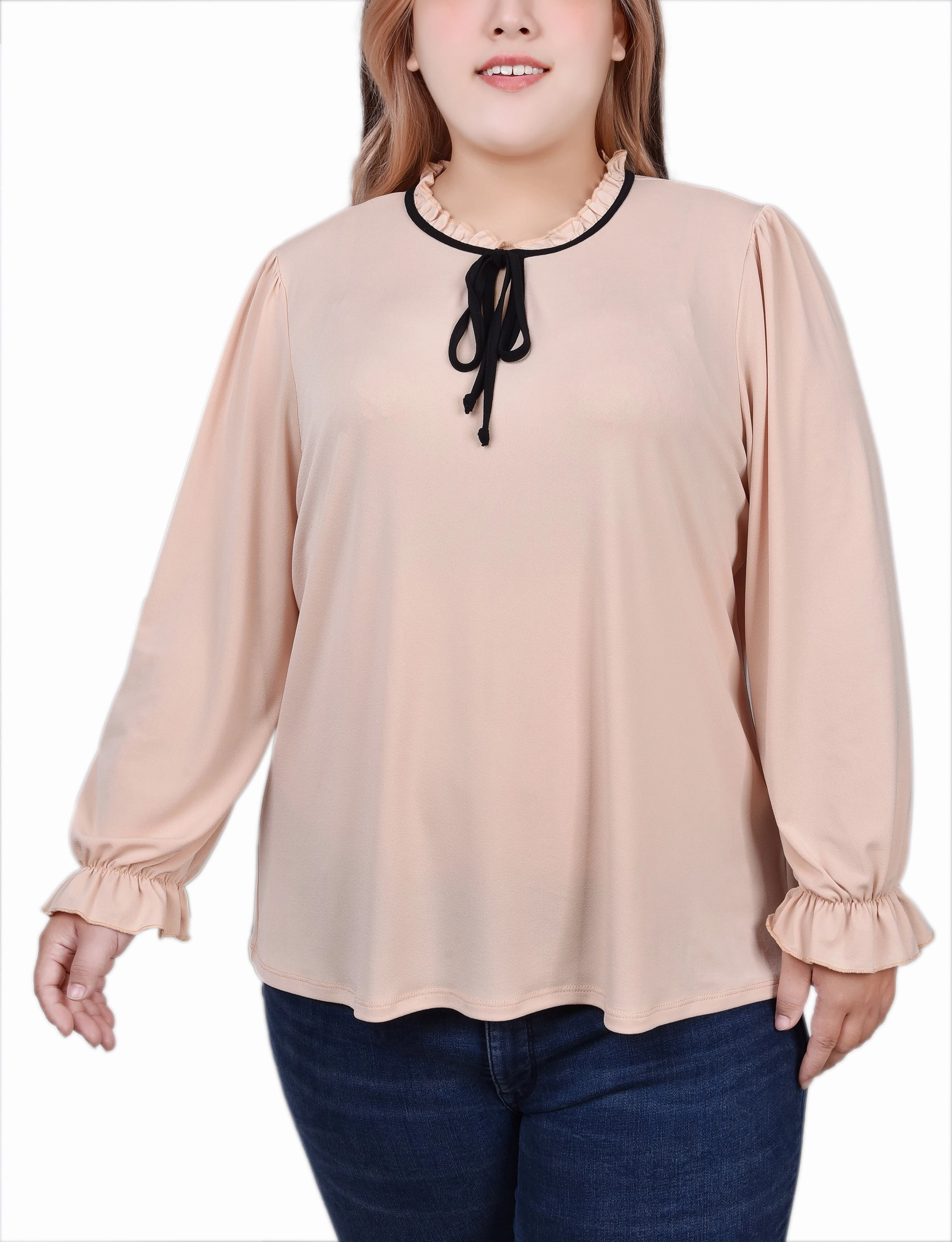Non Chafe Armholes Plus Size Long Sleeve Tie Neck Top