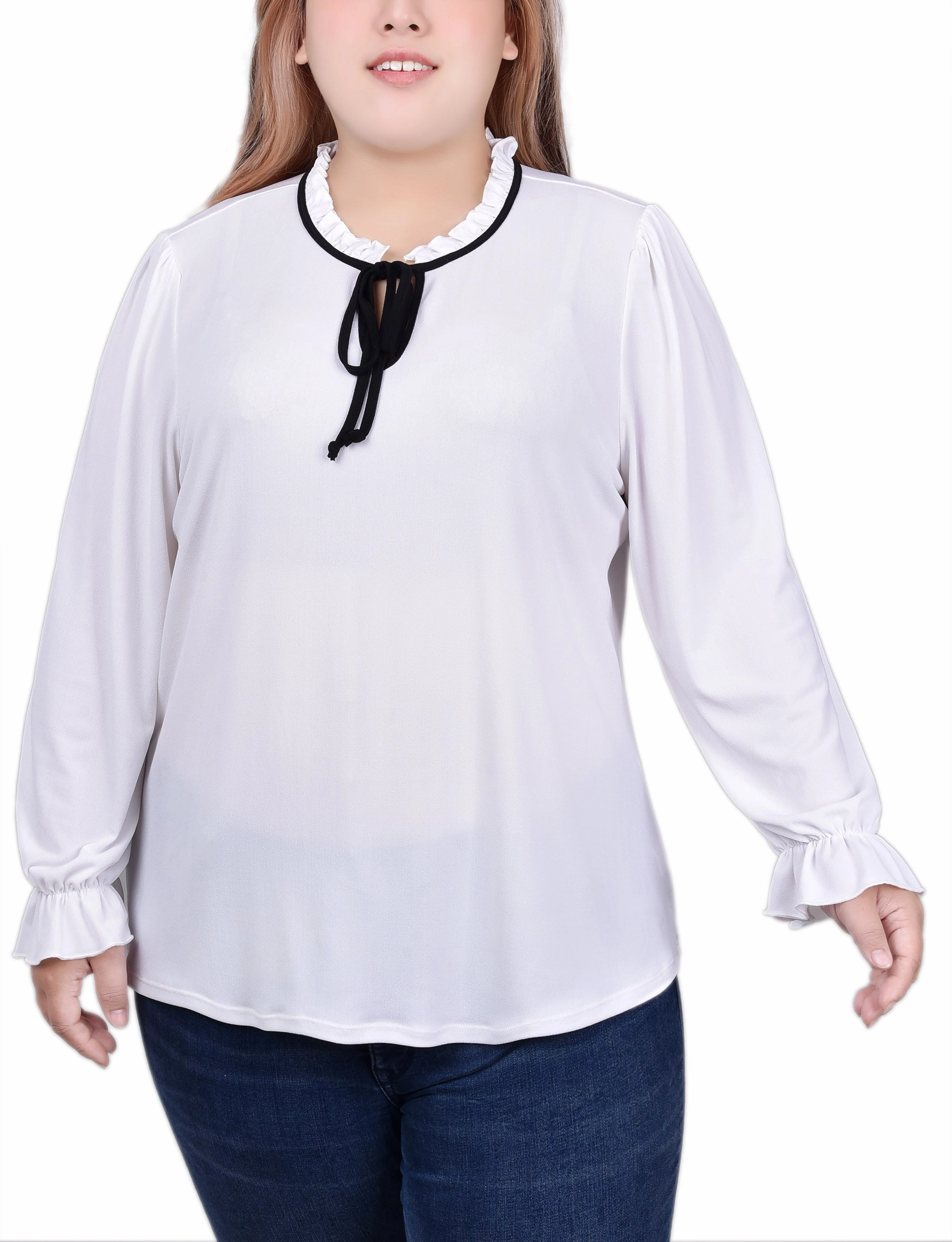 Neutral Tone Stitching Plus Size Long Sleeve Tie Neck Top