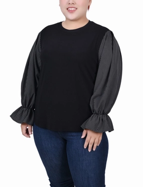 Stretch waistband DurableWeave Plus Size Long Sleeve Top With Printed Sleeves