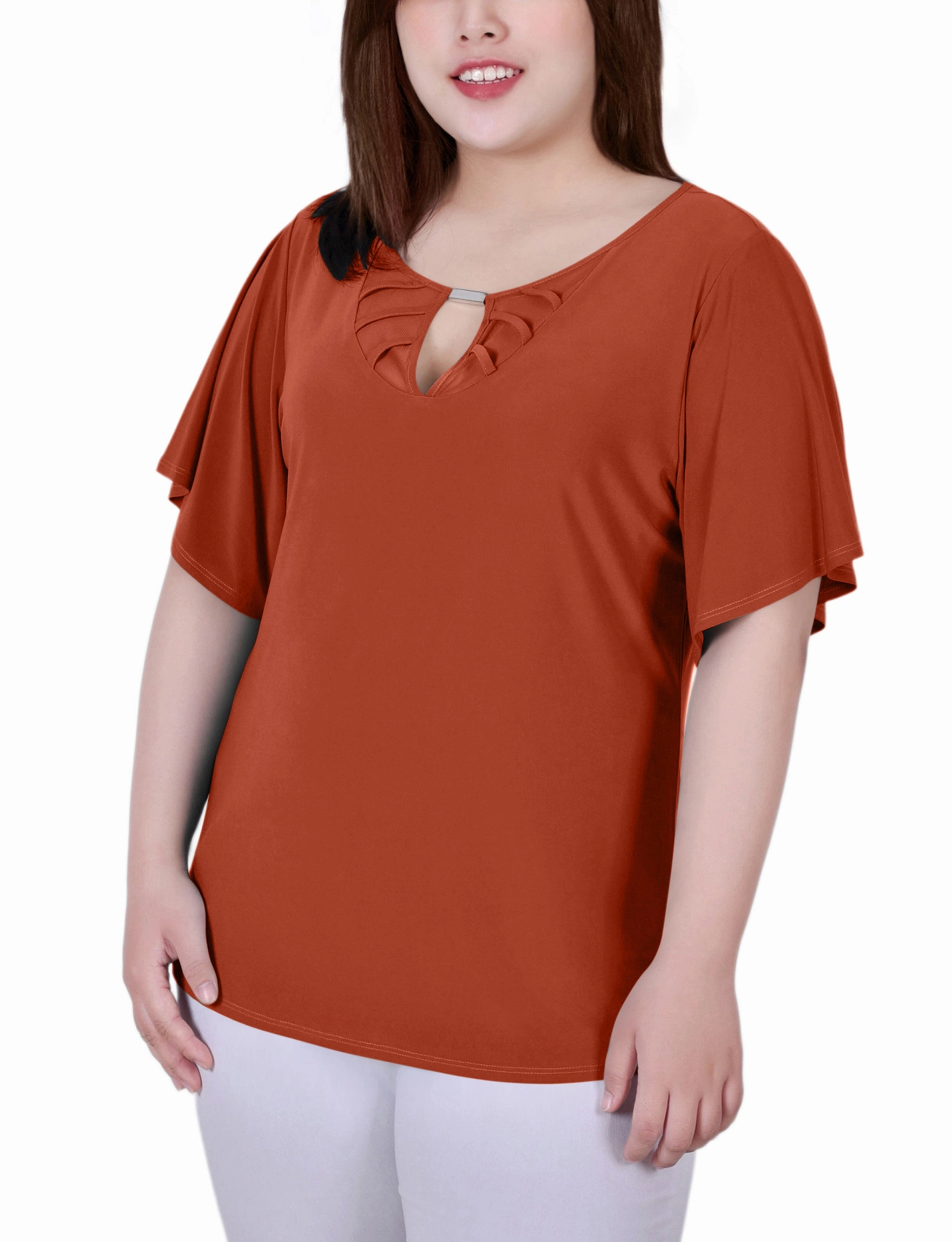 QuickDry LowProfileSeams Plus Size Mesh Flutter Sleeve Knit Top