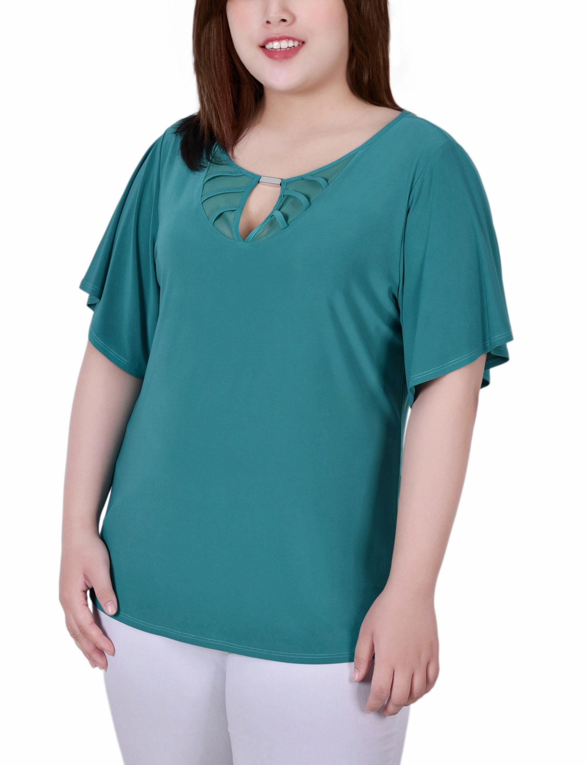 AntiSnagYarnProcessing Plus Size Mesh Flutter Sleeve Knit Top
