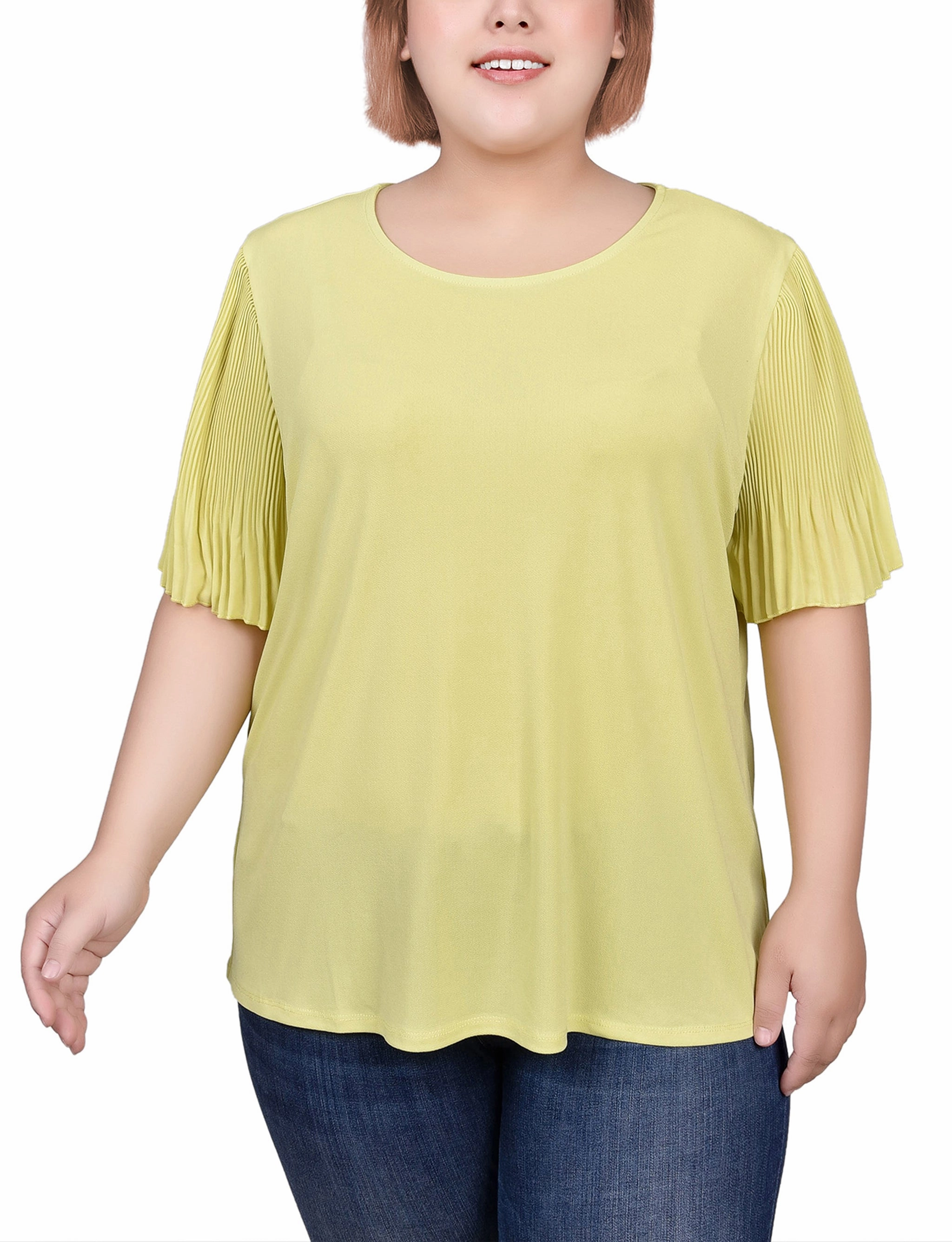 Breathable Lining Comfortable Cut Plus Size Pleated-Sleeve Top