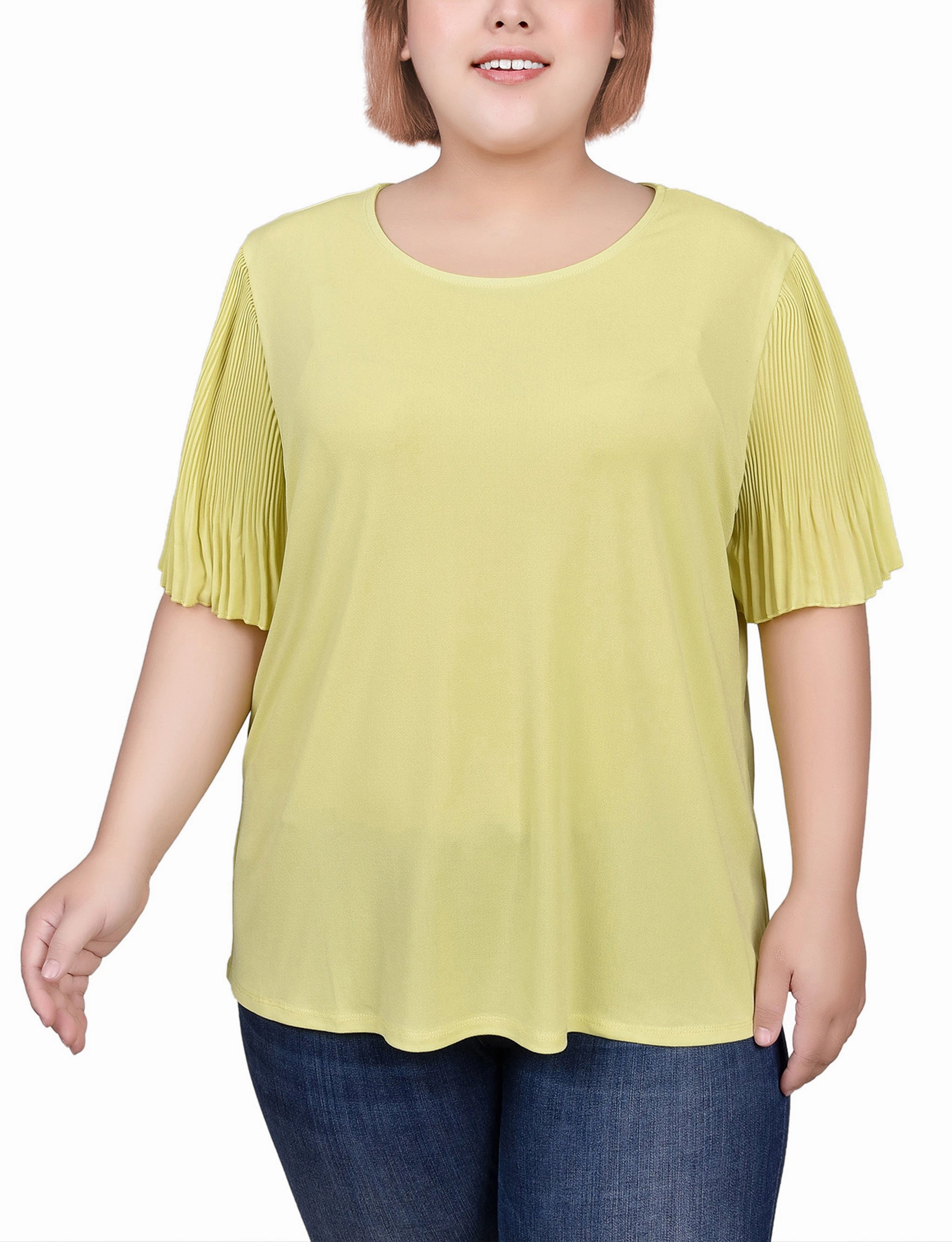 Plus Size Pleated-Sleeve Top Non Closure Collar Odor Resistant Material