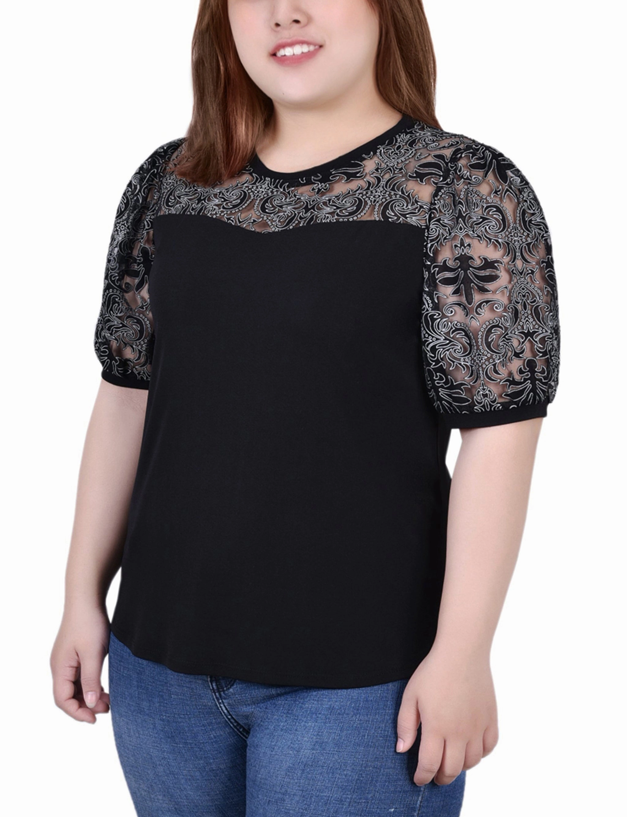 Plus Size Puff Lace-Sleeve Top StretchFit Design