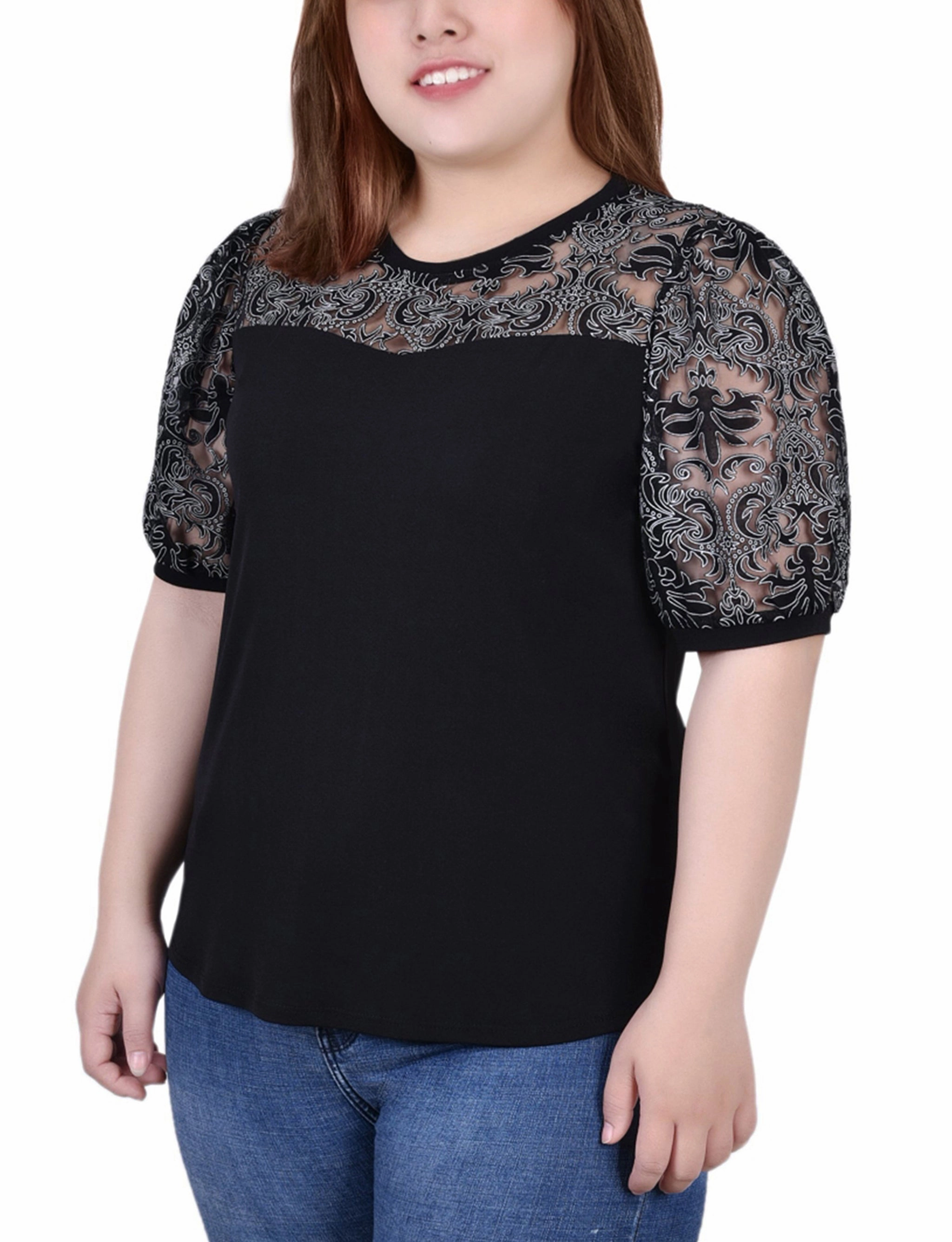 Flattering Drape HeavyweightThermal Plus Size Puff Lace-Sleeve Top