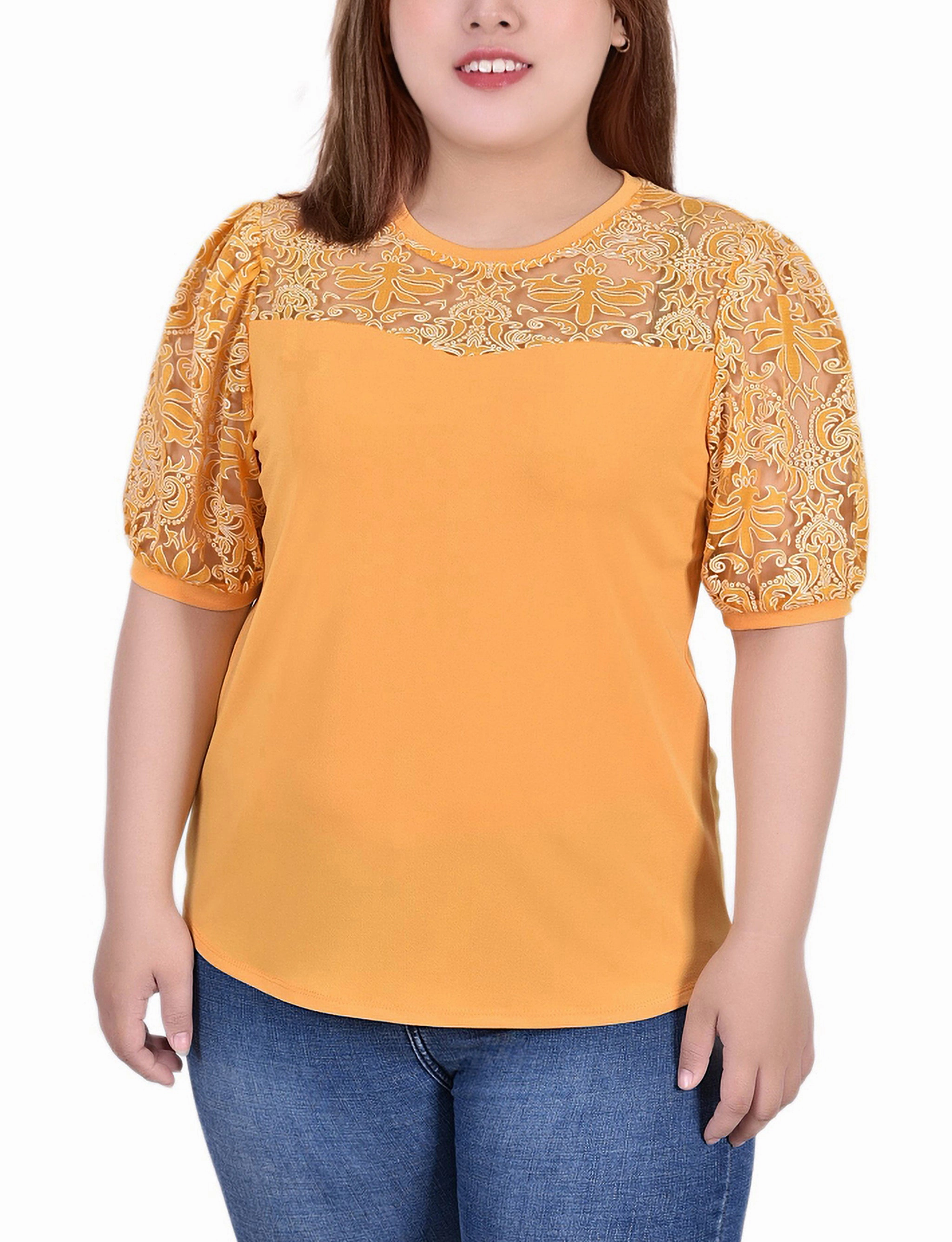 Plus Size Puff Lace-Sleeve Top VNeck Style HighDurabilityWeave