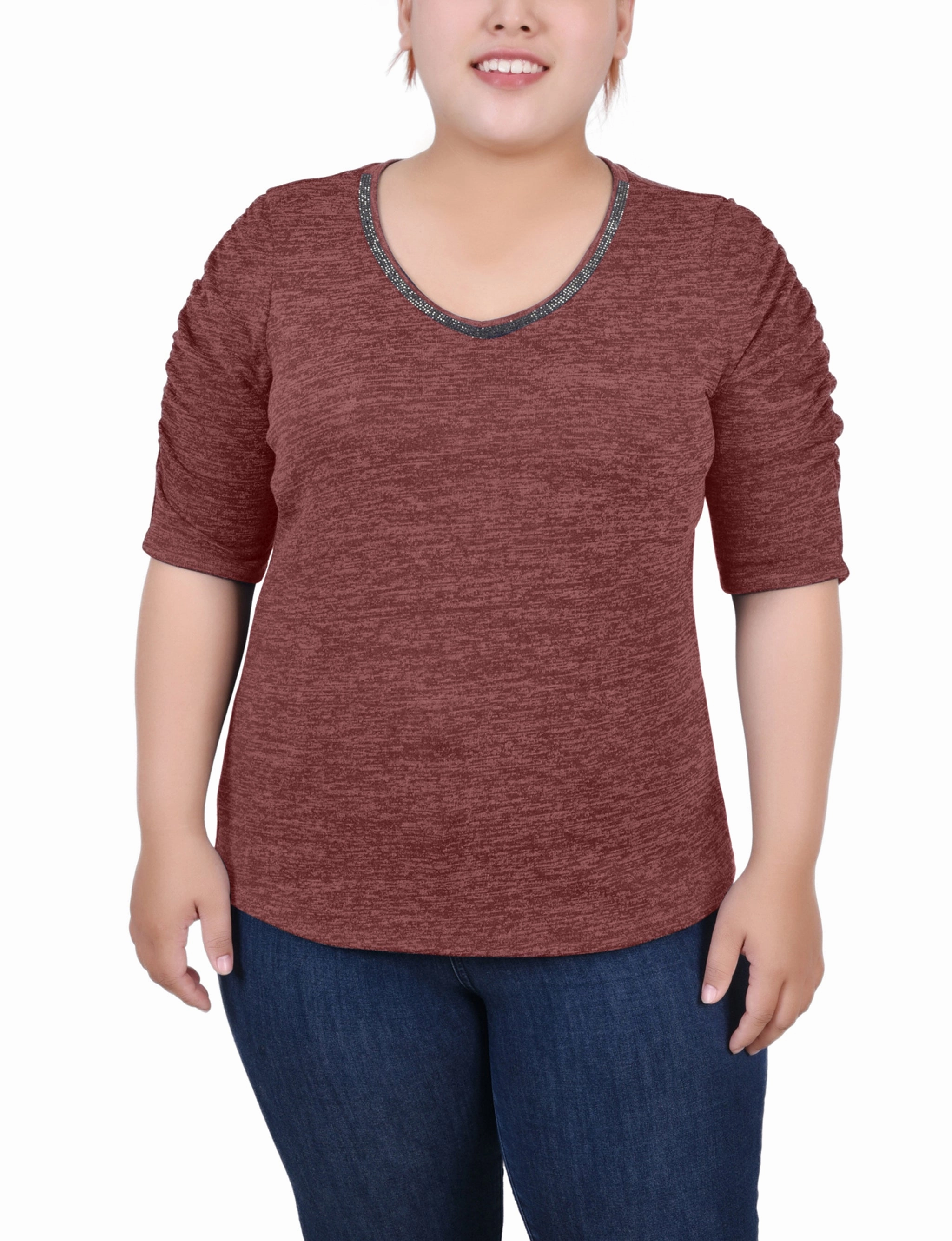 High Neckline Plus Size Rouched Sleeve Top
