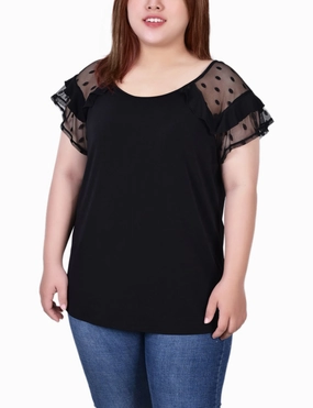 Plus Size Short Dot Sleeve Top RibbedCollar StretchComfortDesign