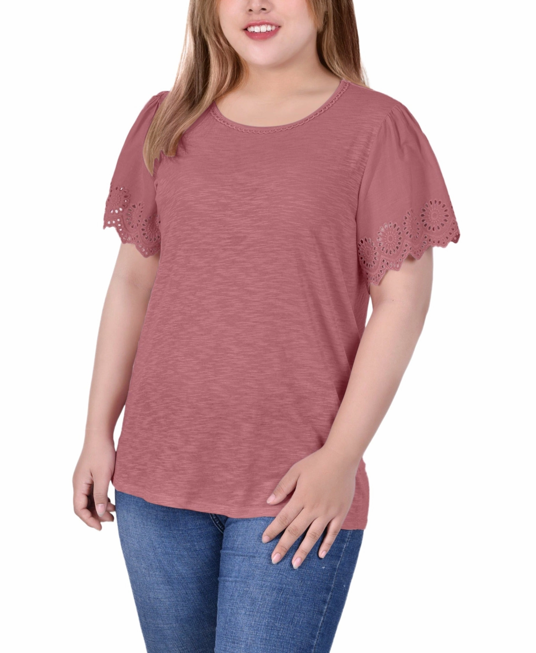 Plus Size Short Flutter Eyelet Sleeve Top Quick Dry Fabric