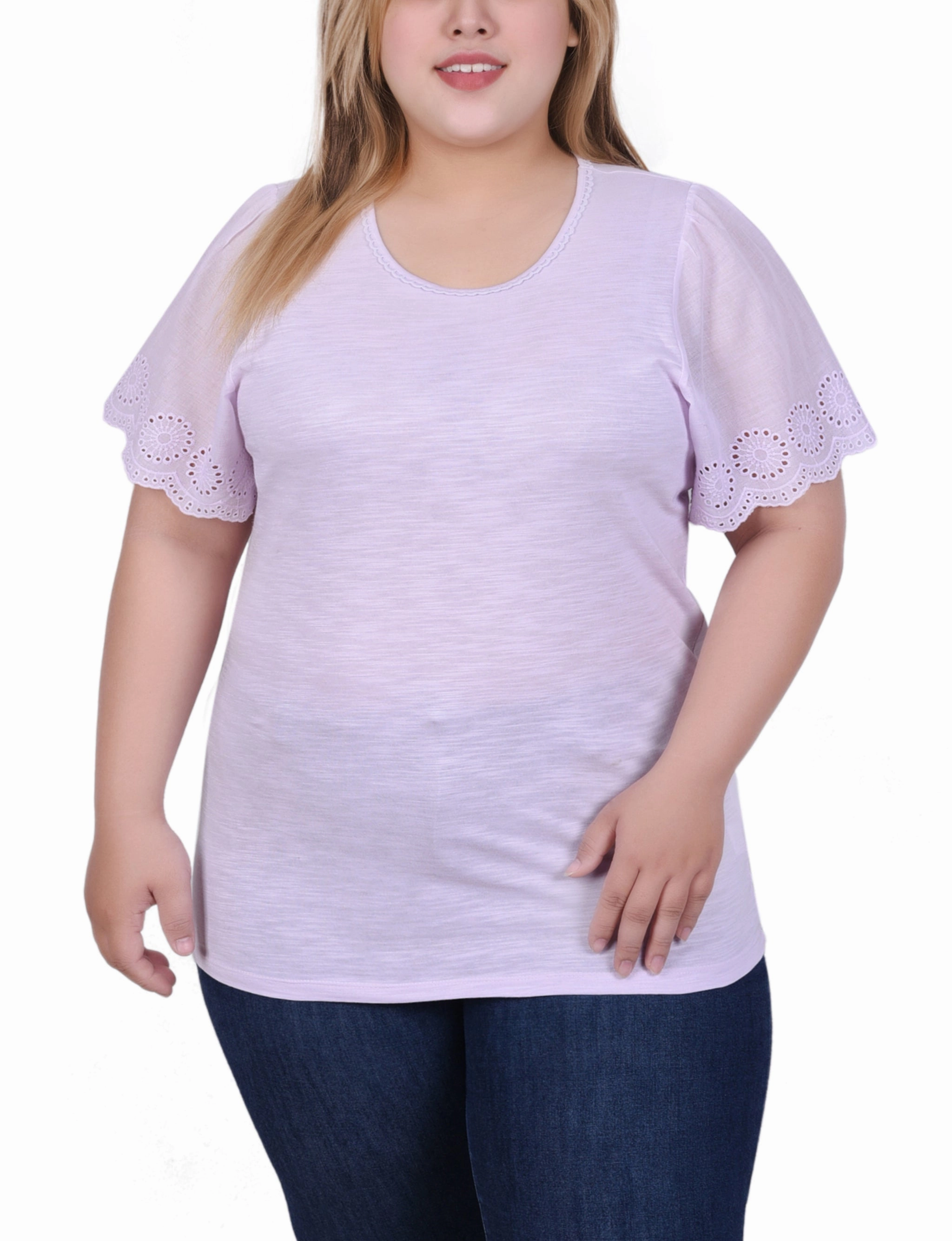 BlendMaterials Plus Size Short Flutter Eyelet Sleeve Top