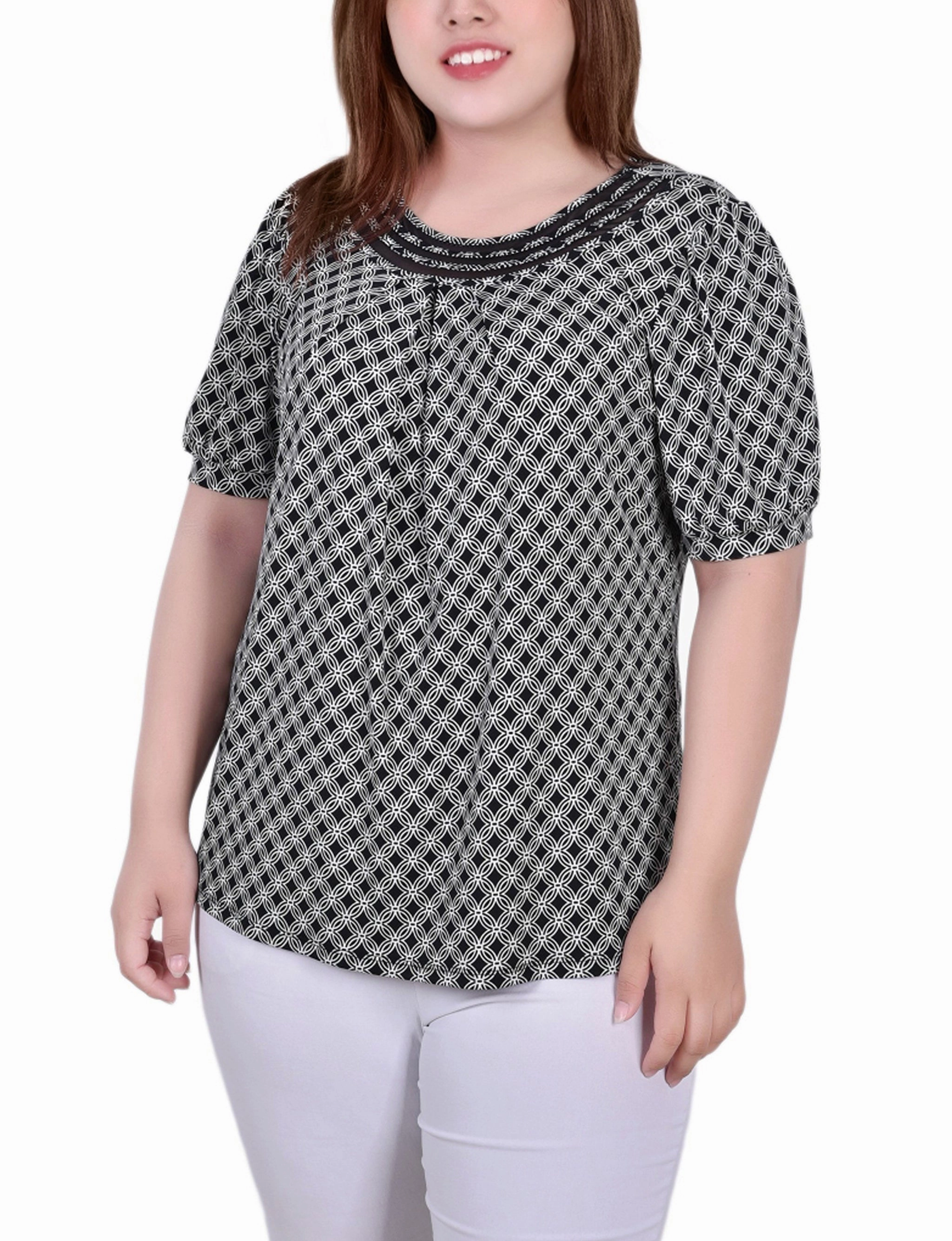 Plus Size Short Puff Sleeve Sheer Inset Top Soft Brushed Finish