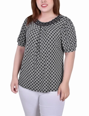 Plus Size Short Puff Sleeve Sheer Inset Top Soft Brushed Finish