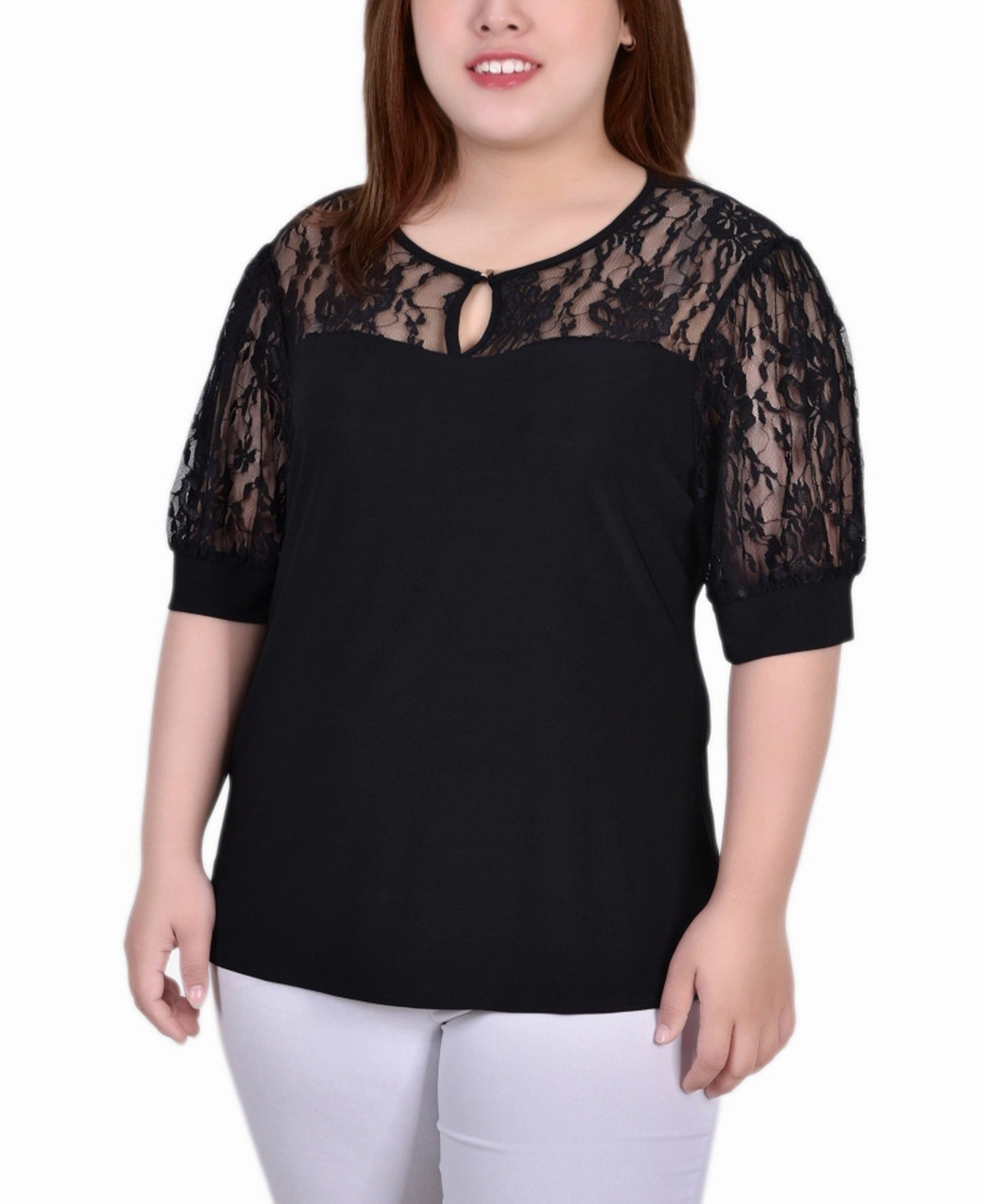 CompactSize Adjustable Collar System Plus Size Short Puff Sleeve Top With Lace Sleeves And Yoke