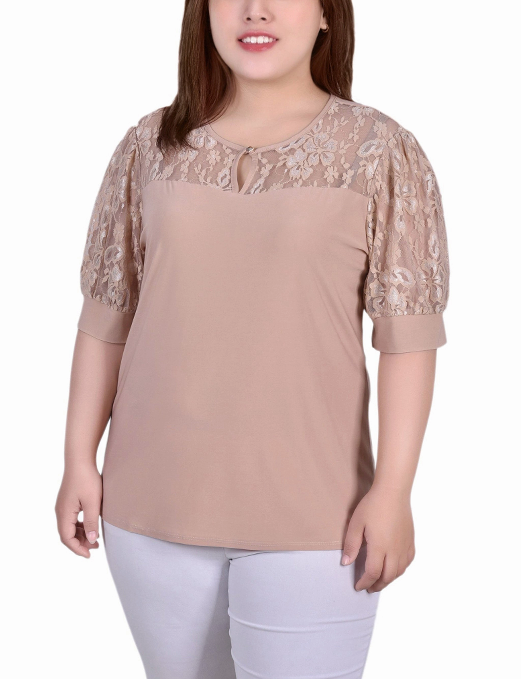 Plus Size Short Puff Sleeve Top With Lace Sleeves And Yoke FlexibleCuff