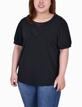 Hypoallergenic Textile Plus Size Short Puff Sleeve Top With Lace