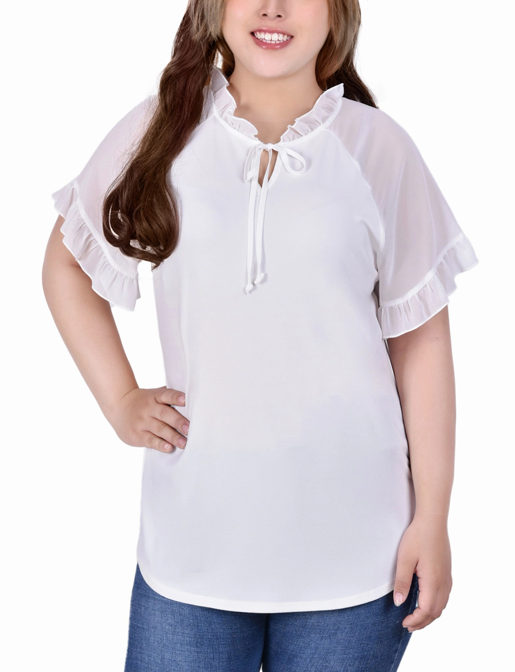 Plus Size Short Ruffled Sleeve Crepe Knit Top With Chiffon Sleeves StretchComfortDesign