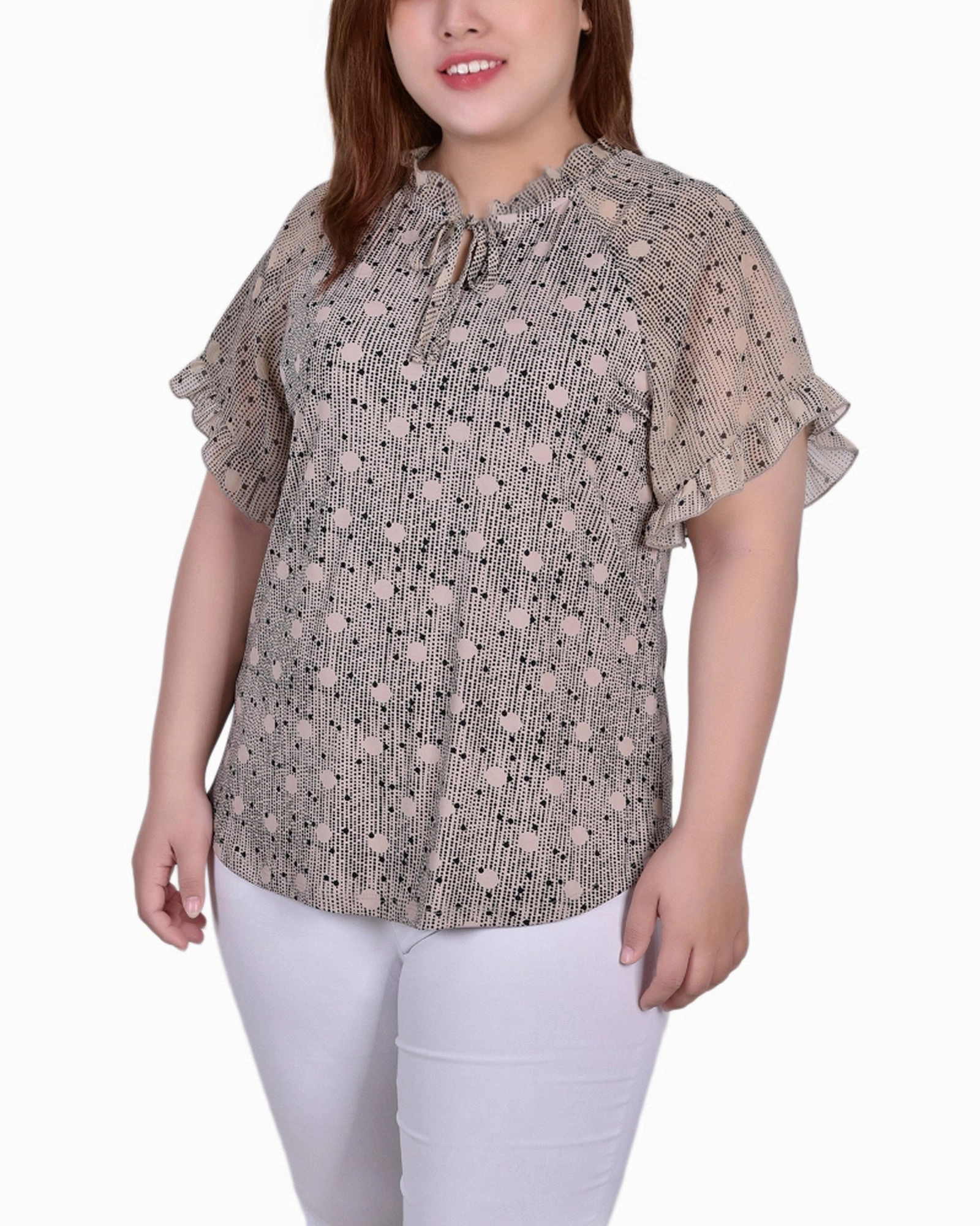 Plus Size Short Ruffled Sleeve Crepe Knit Top With Chiffon Sleeves Everyday Wear Stretch Woven Material