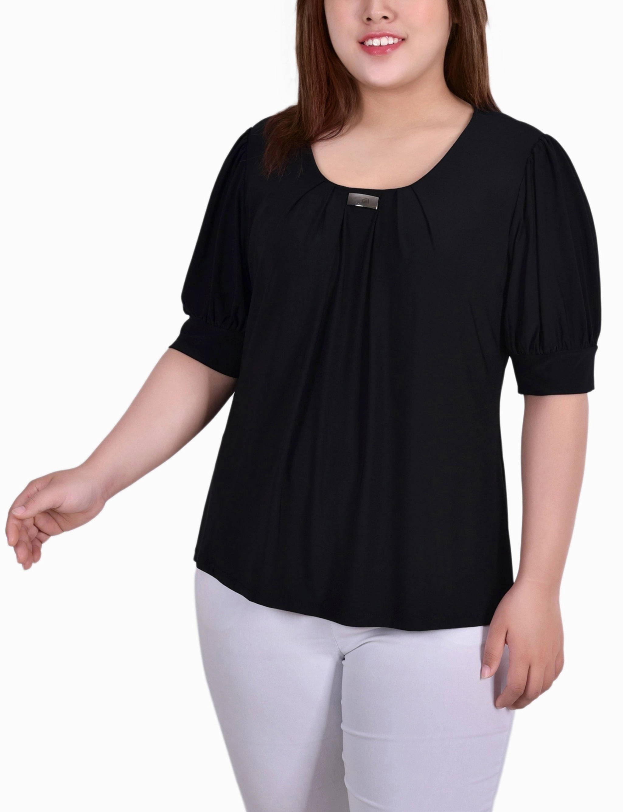 Ultra Soft Texture Plus Size Short Sleeve Balloon Sleeve Top With Hardware