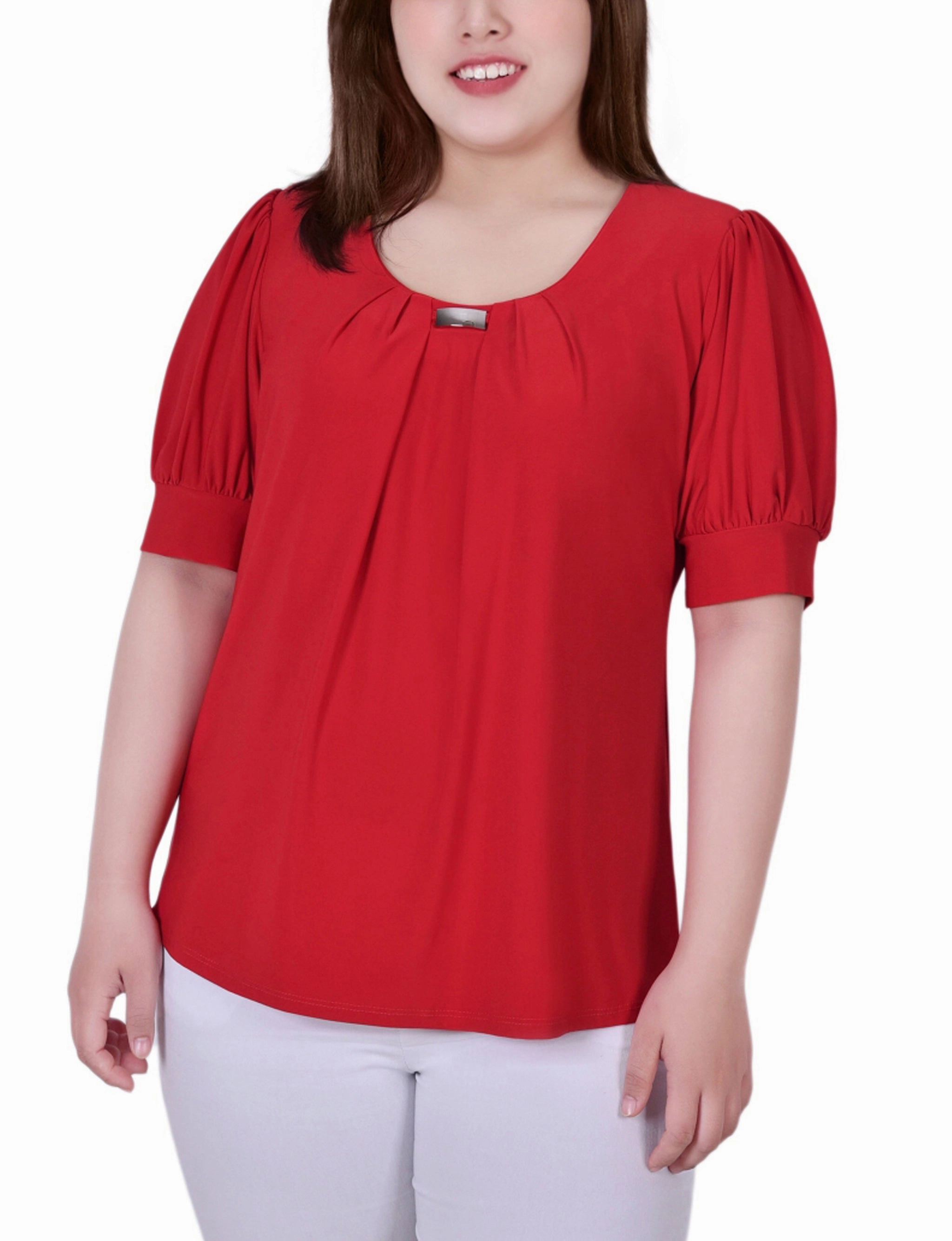 WaterResistantCoating SeamlessKnitConstruction Plus Size Short Sleeve Balloon Sleeve Top With Hardware