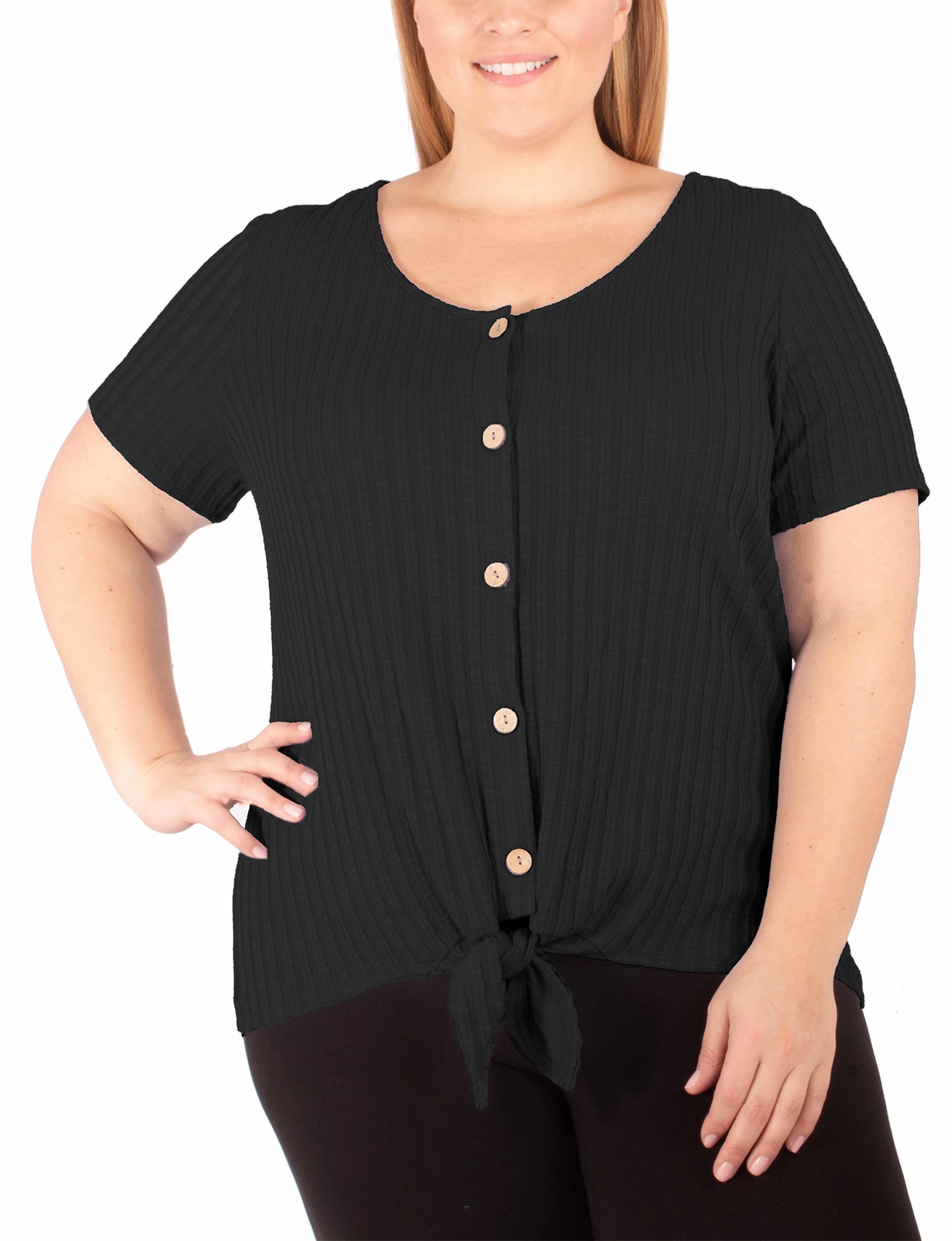Plus Size Short Sleeve Button Front Top With Tie At Hem UltravioletProtectionFabric Stylish T-shirt