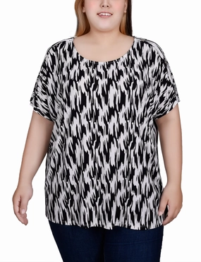 Self Fabric Tie Wrinkle Resistant Weave Plus Size Short Sleeve Extended Sleeve Tunic Top