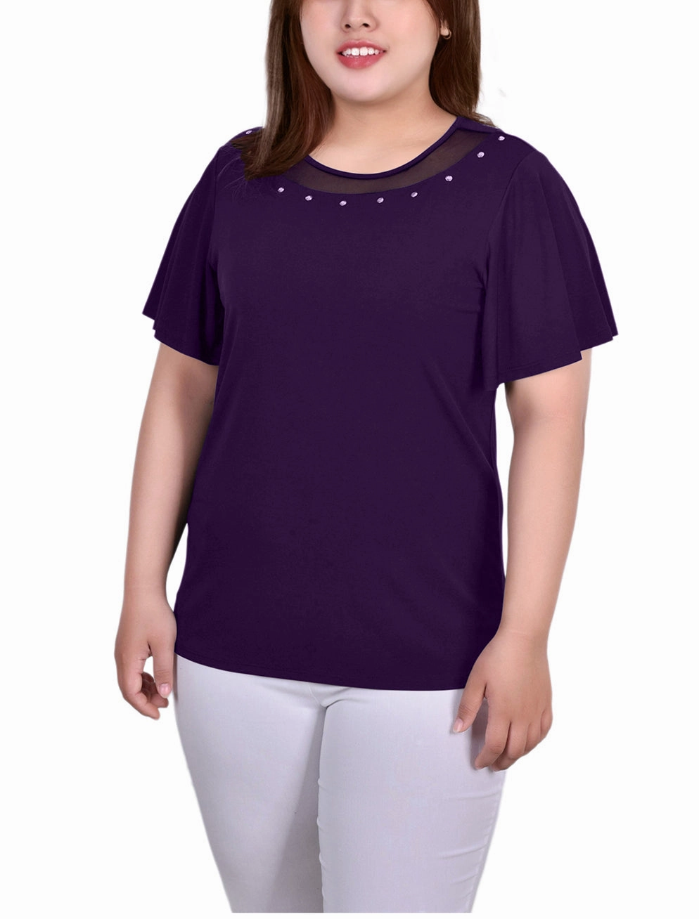 Plus Size Short Sleeve Knit Top With Sheer Inset EcoCertified Textile SoftTouch