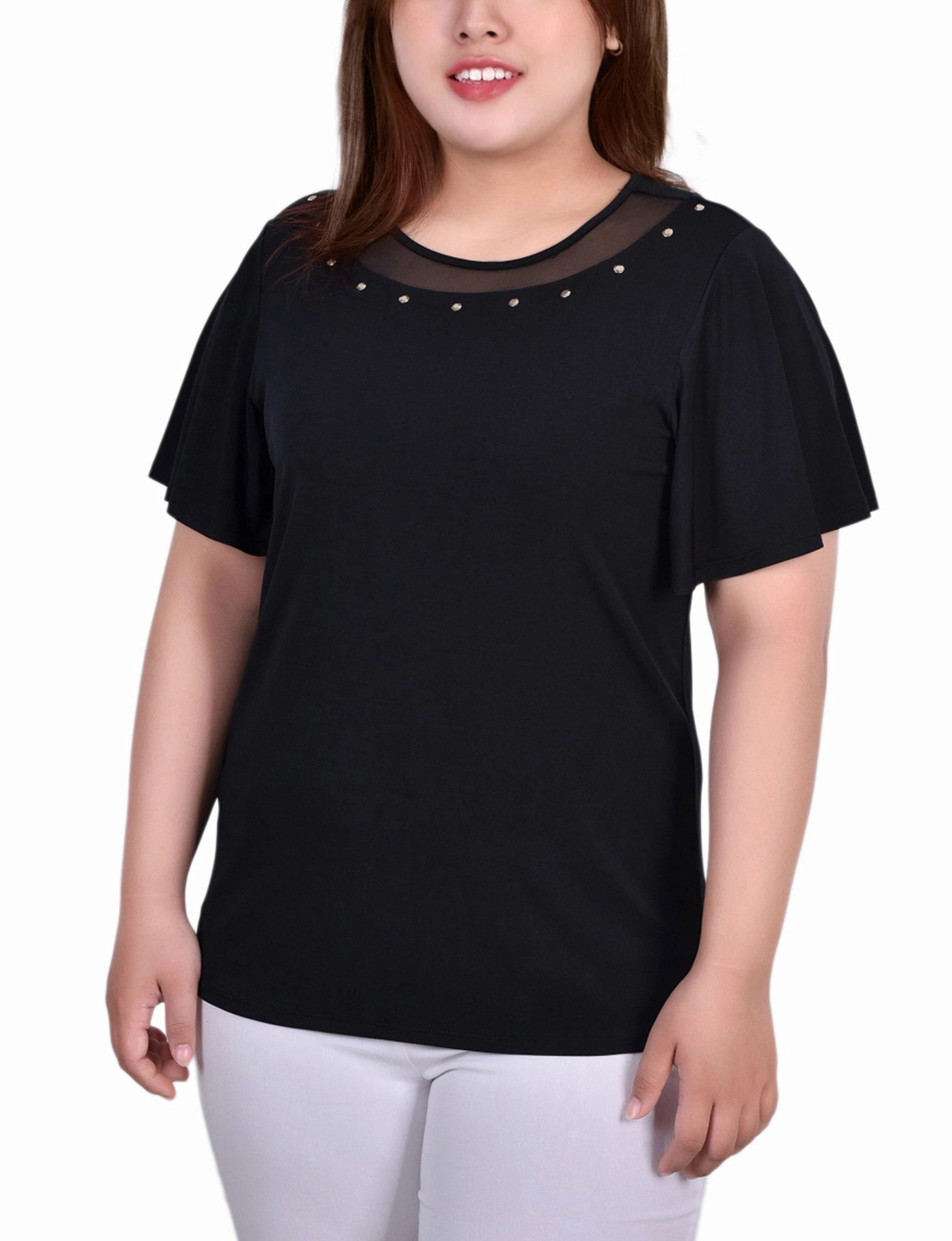 Plus Size Short Sleeve Knit Top With Sheer Inset CrossGrain Fabric Breathable Tank
