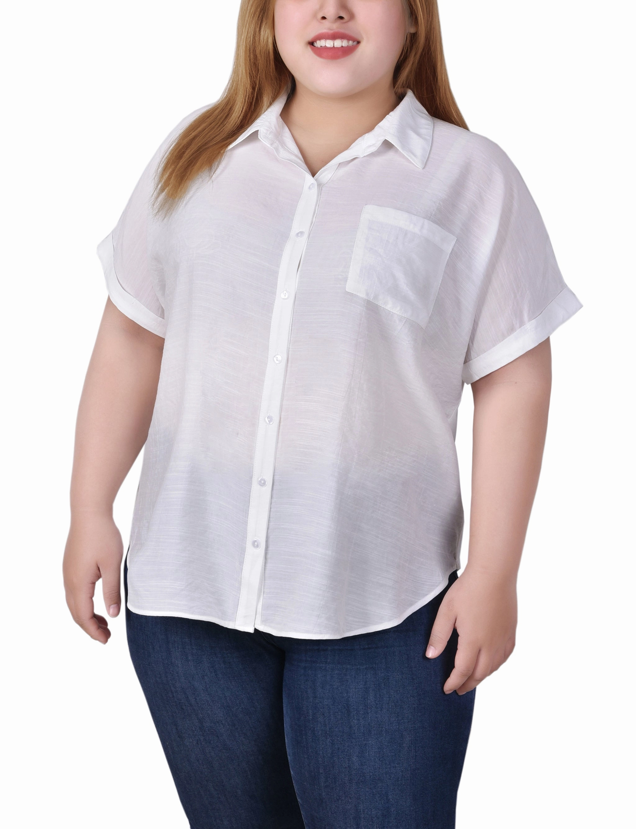 Plus Size Short Sleeve Woven Front/Jersey Back Top NonChafe Tag Placement Breathable Microfiber