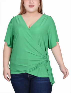 UVProtective Coating Elasticated Hem Plus Size Short Sleeve Wrap Top