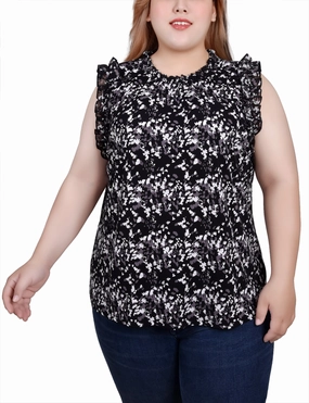 Compression Fit Technology Flatlock Seam Design Plus Size Sleeveless Crepe Top With Chiffon Ruffles