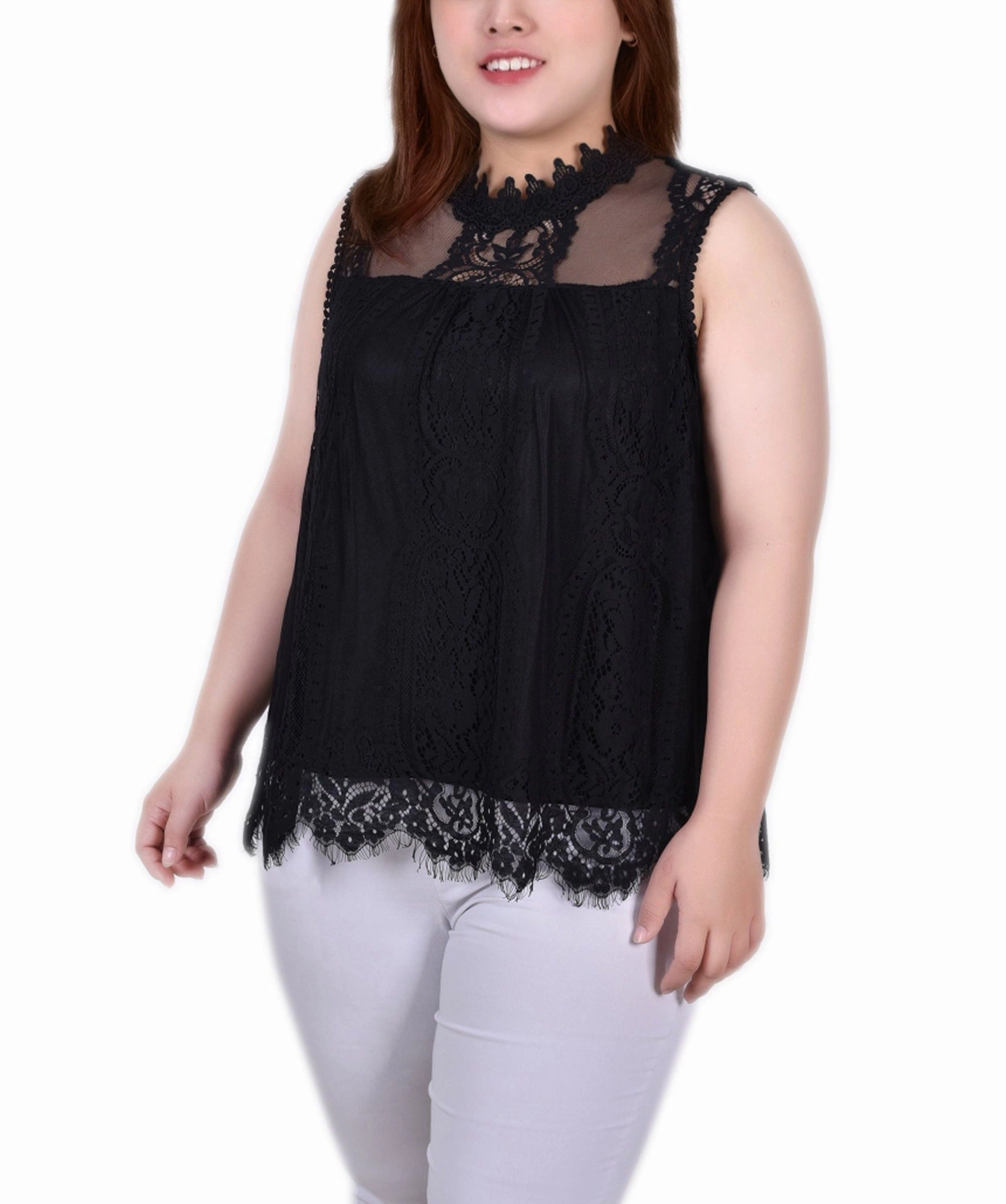 StaticResistantFabric Hypoallergenic Fiber Plus Size Sleeveless Mock Neck Lace Top
